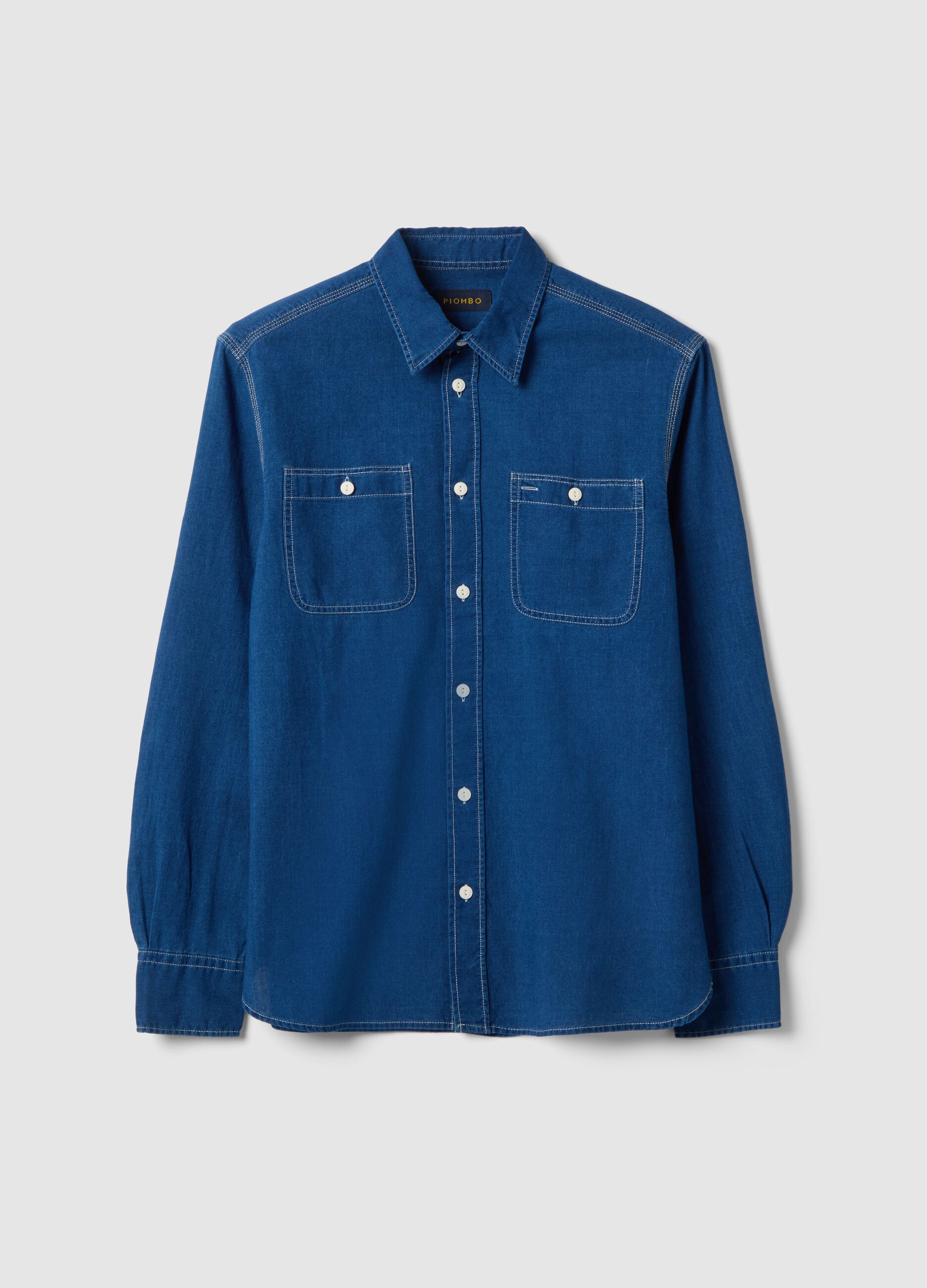Camicia in puro cotone denim blu regular fit con tasche