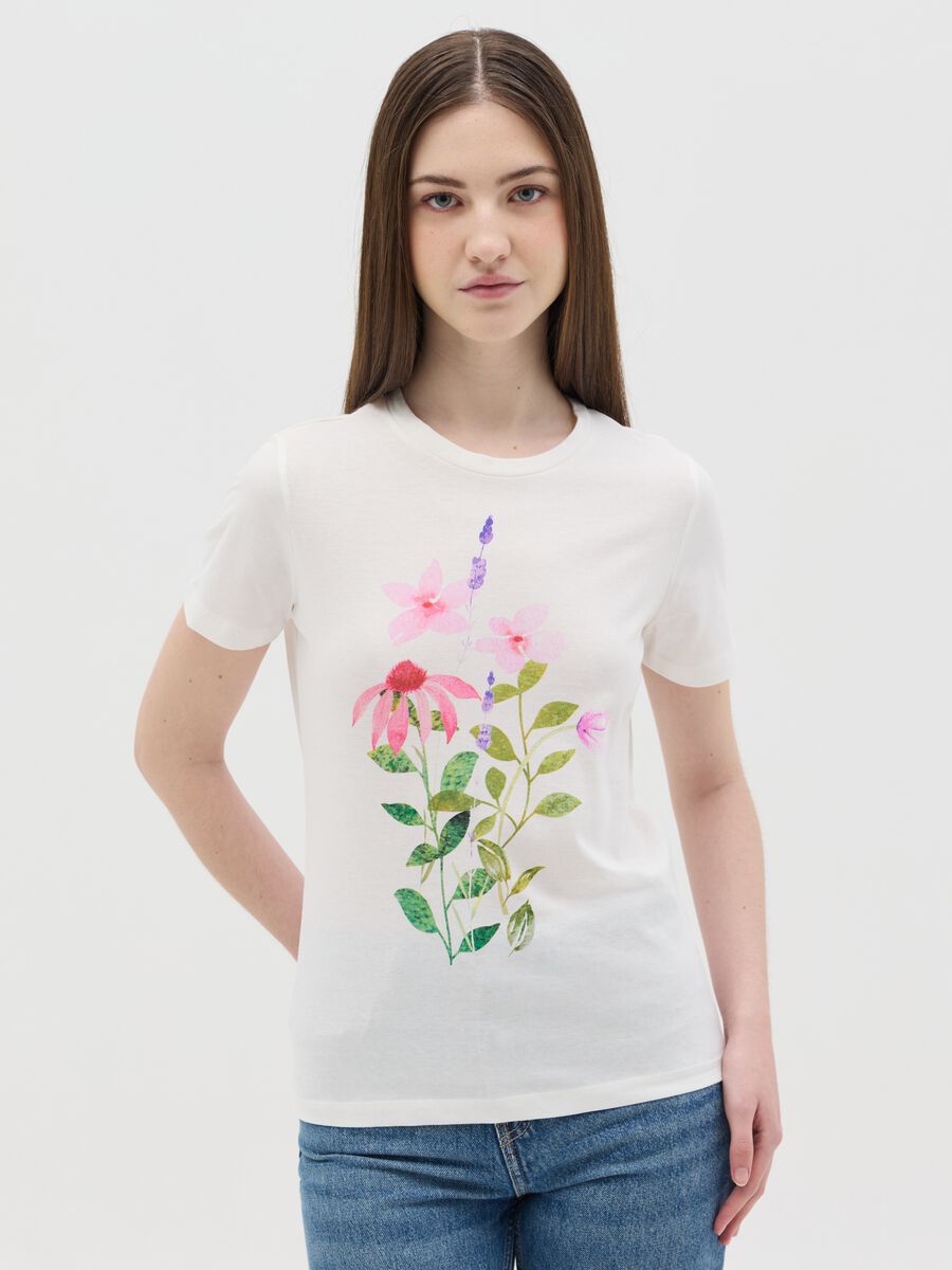 White cotton T-shirt with flowers print_0
