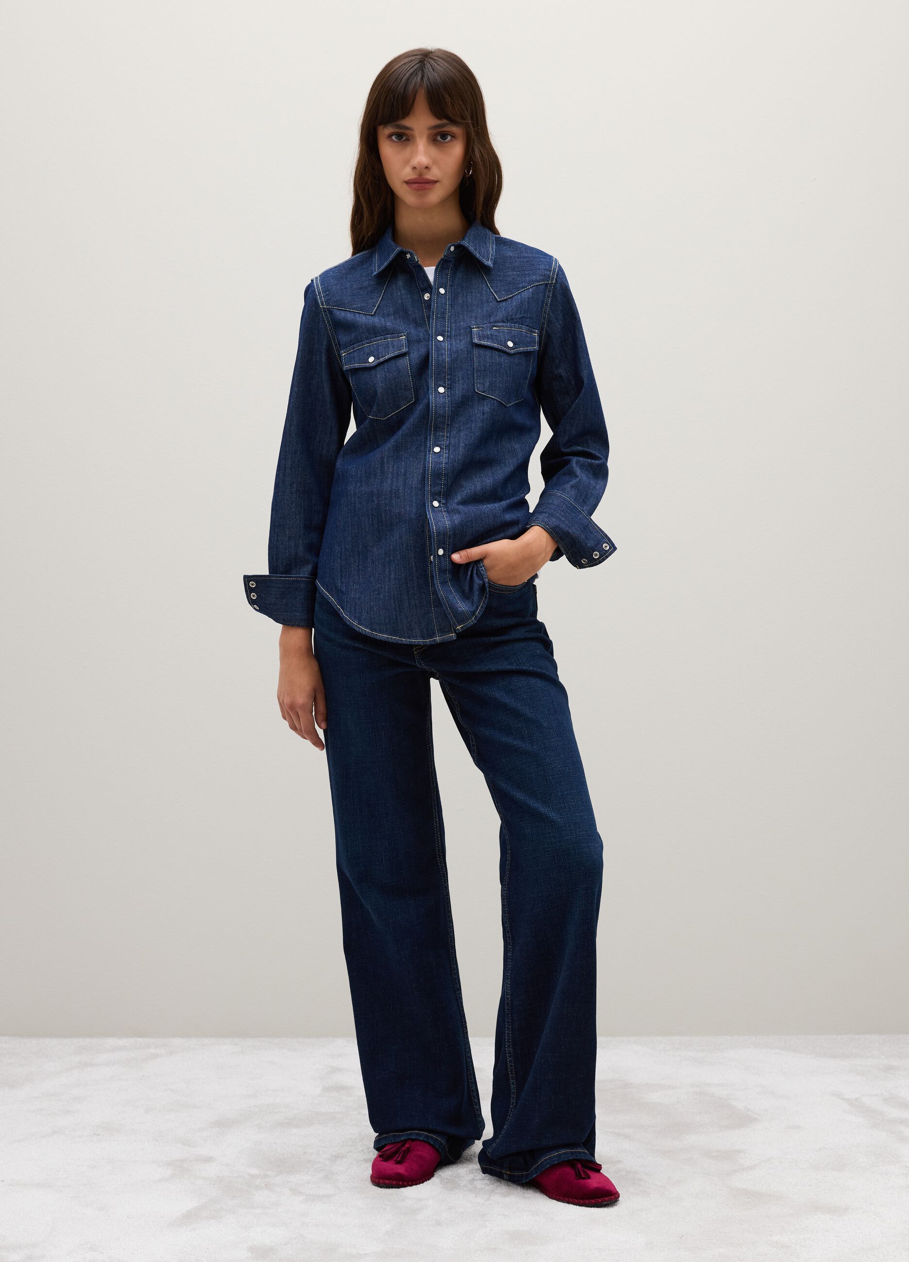 Blue denim shirt in pure cotton with long sleeves