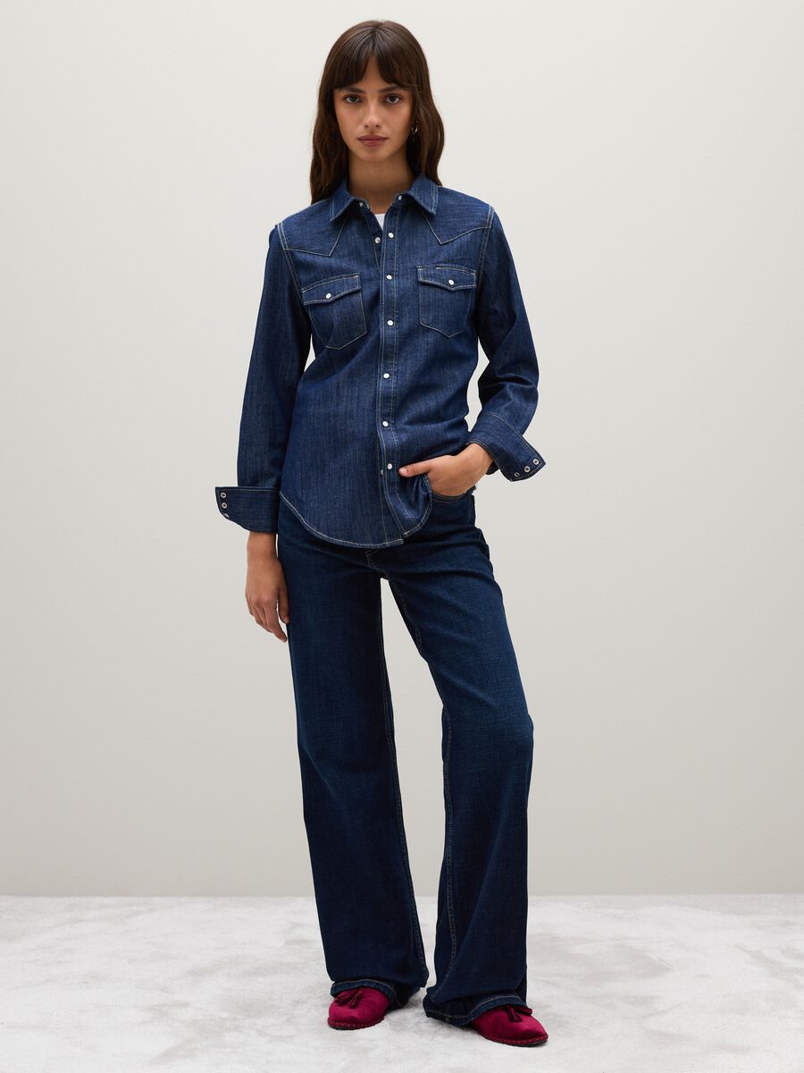 Blue denim shirt in pure cotton with long sleeves_1