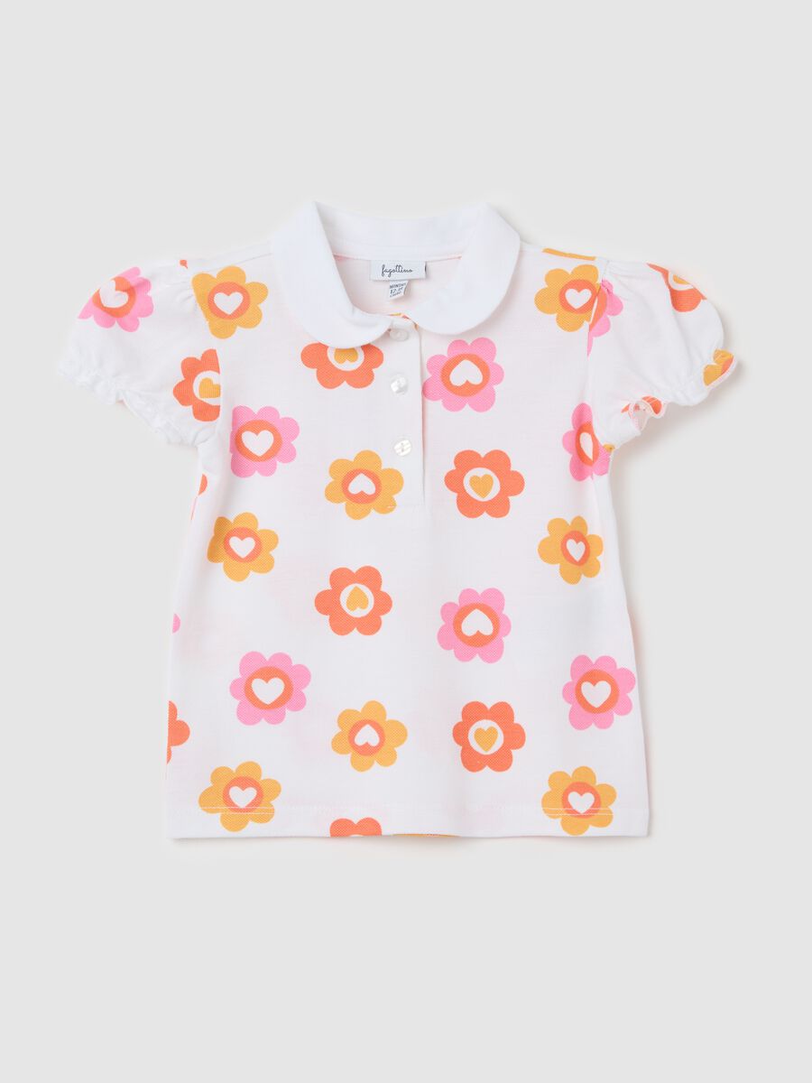 White polo shirt in organic cotton with flowers print_0