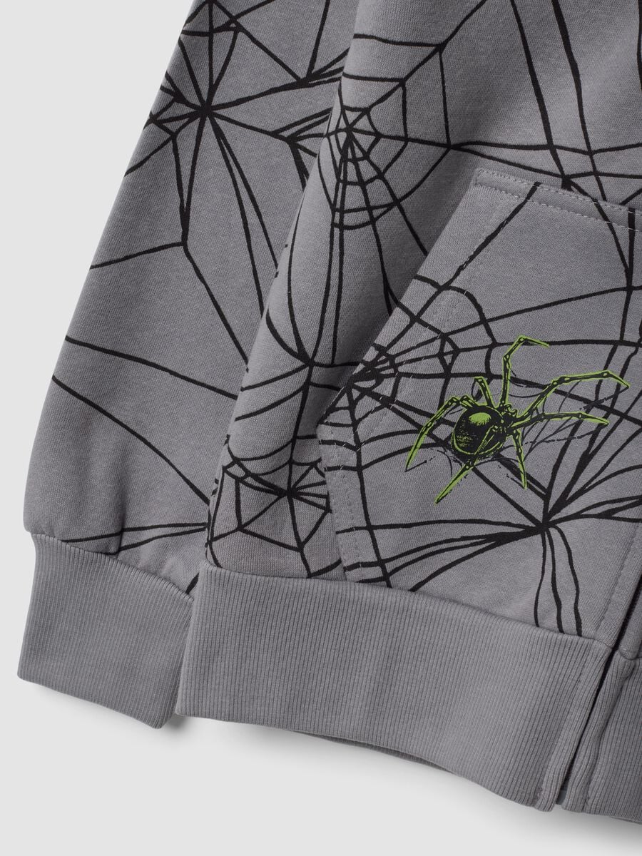 Grey cotton-blend hooded zip sweatshirt with spiderweb print_2