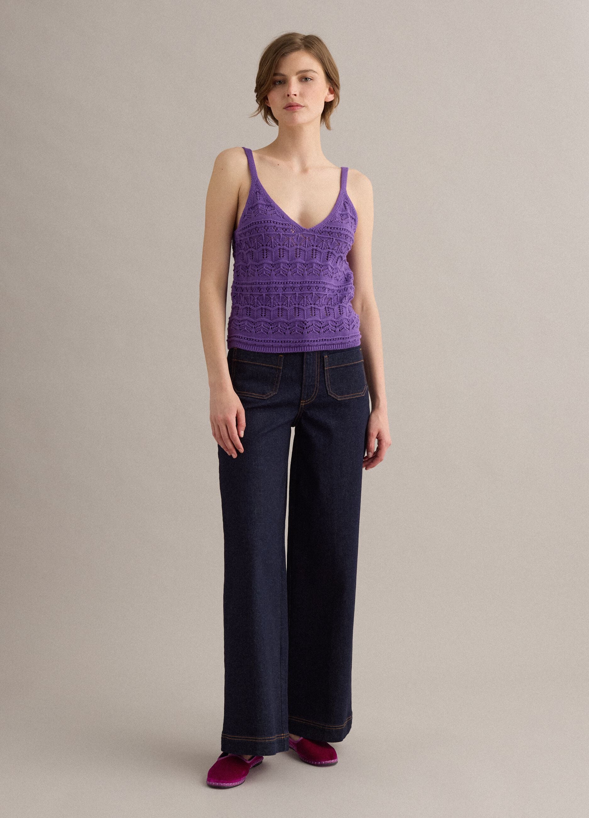 Canotta in puro cotone viola regular fit con lavorazione a maglia