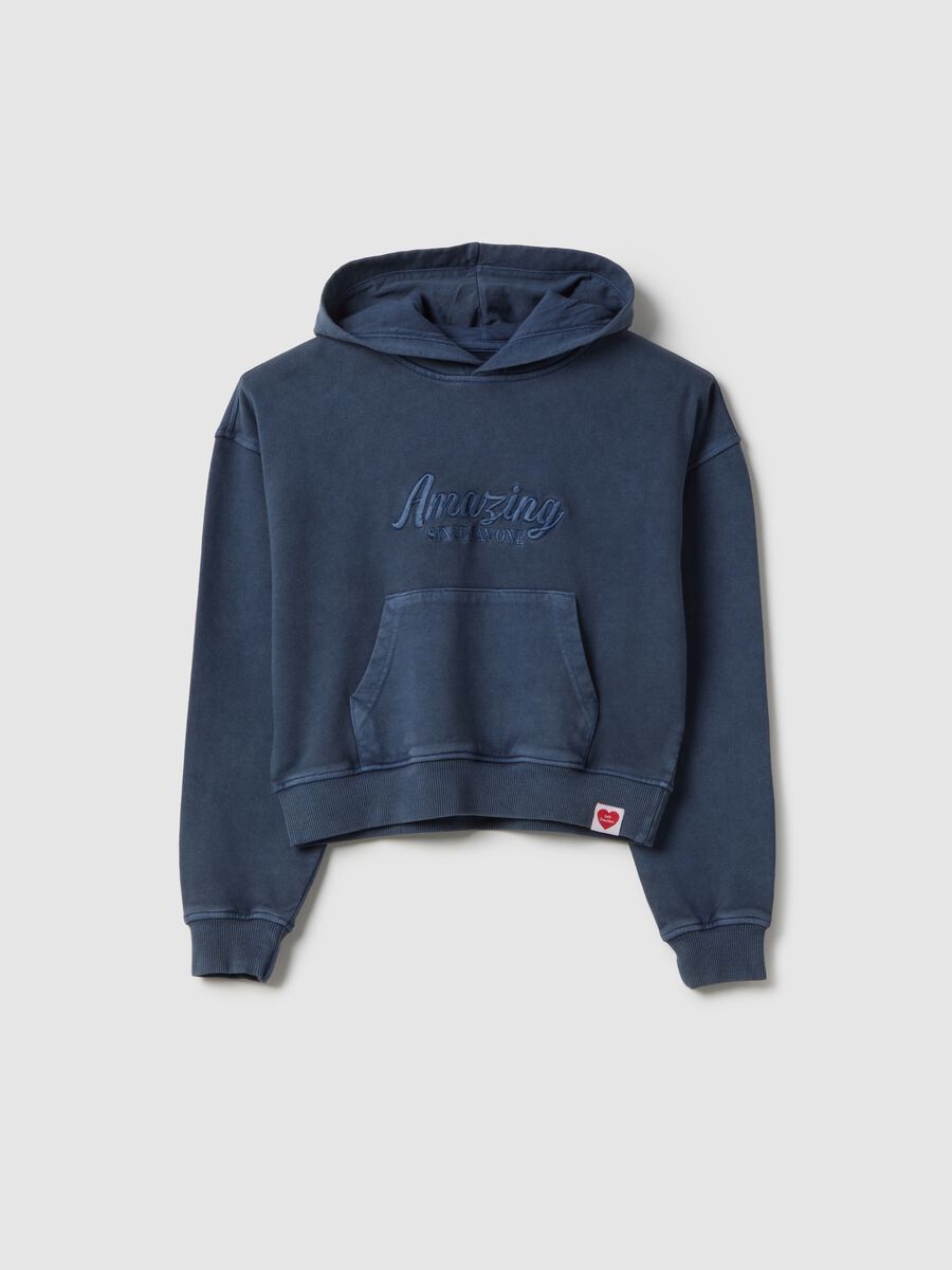 Felpa in puro cotone blu regular fit da ragazza con cappuccio_0
