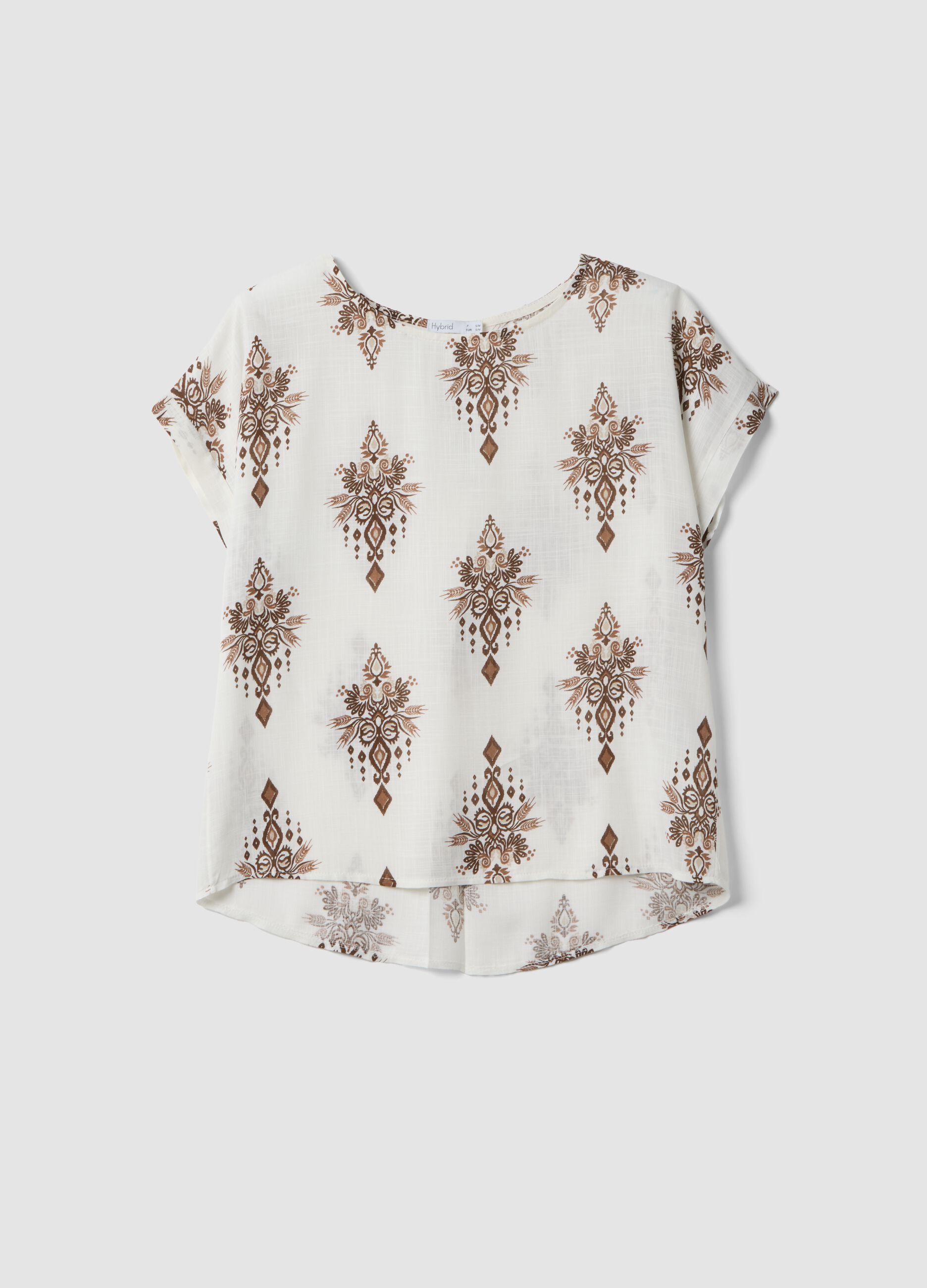 White pure viscose blouse with brown print, regular fit