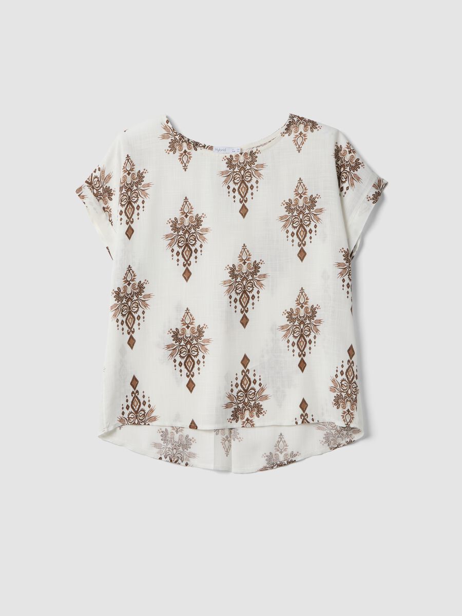 Blusa bianca in pura viscosa con stampa marrone regular fit_4