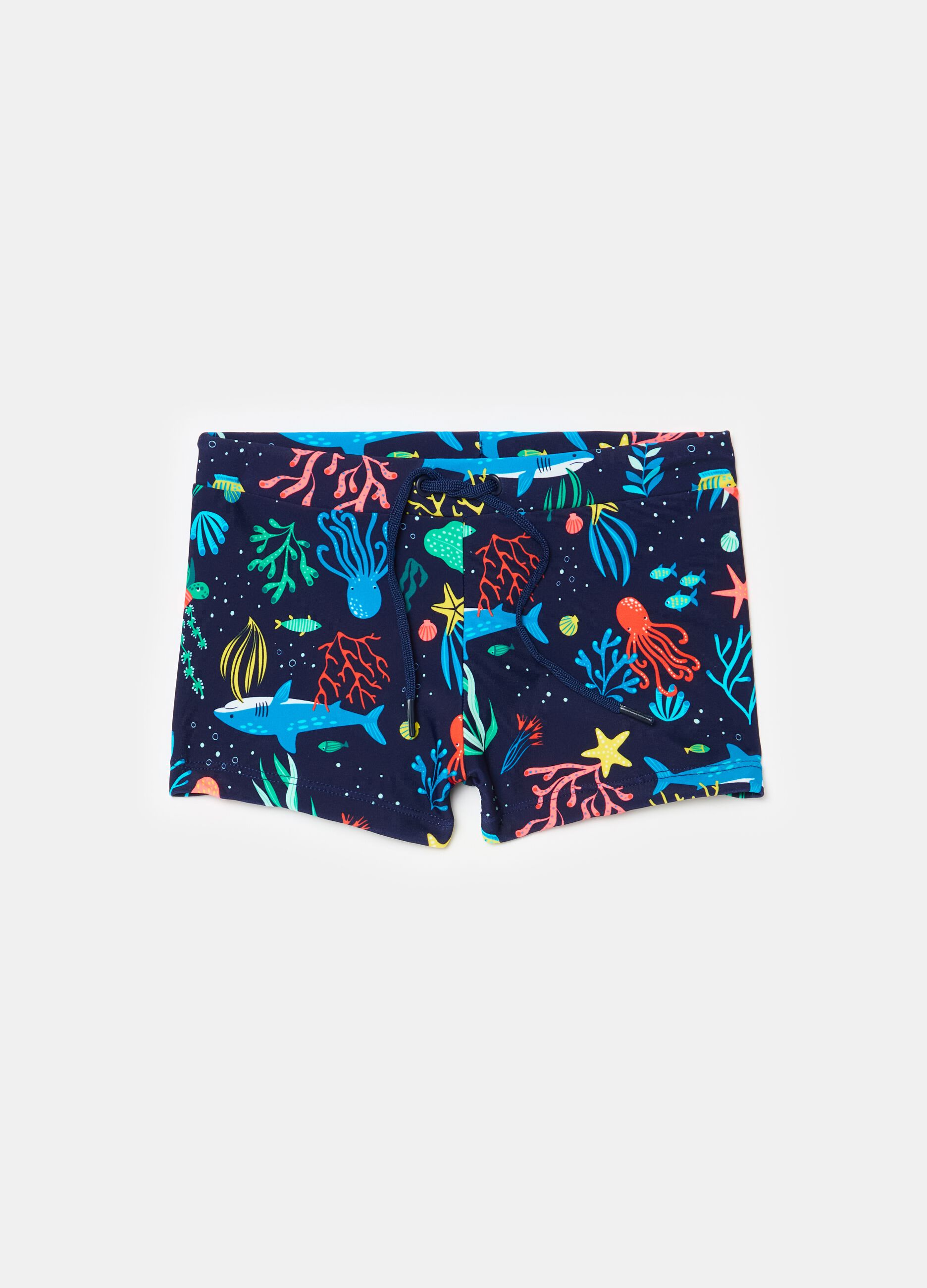 Swimming trunks with print and drawstring