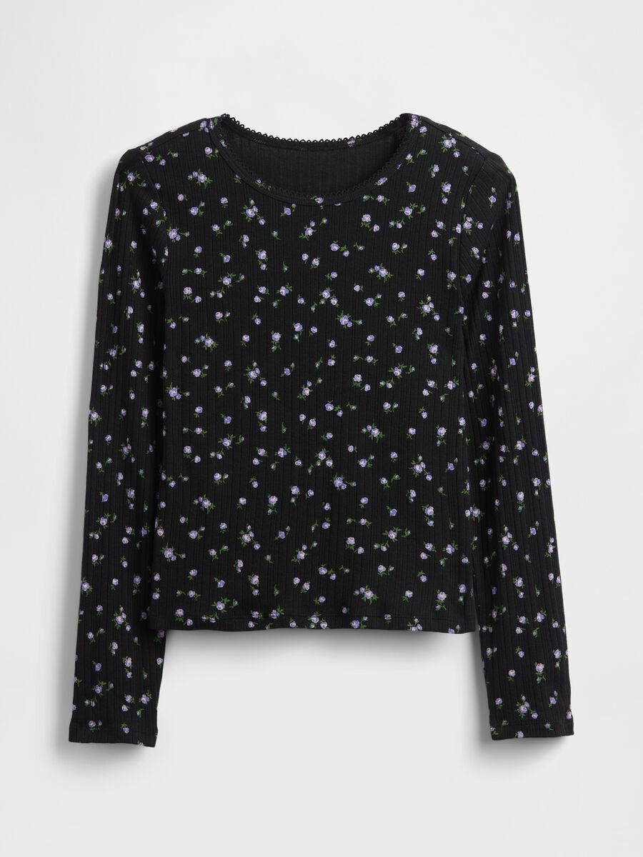 Long-sleeved black cotton shirt with floral print_2
