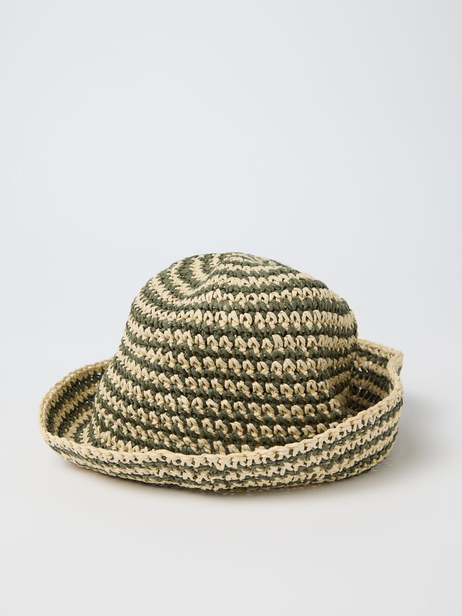 Green and beige striped cloche hat made of textile paper_1