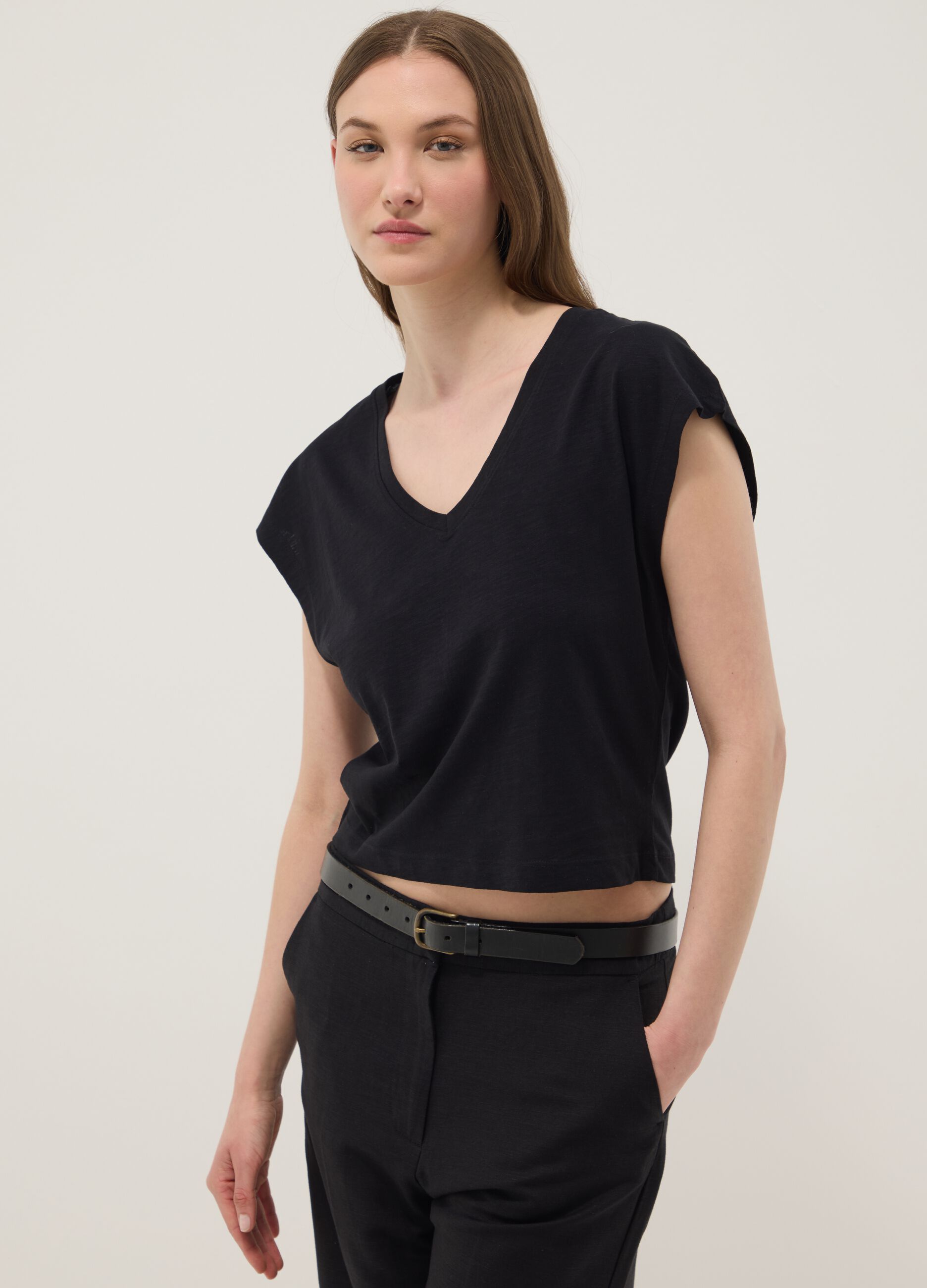 Blue pure cotton V-neck T-shirt