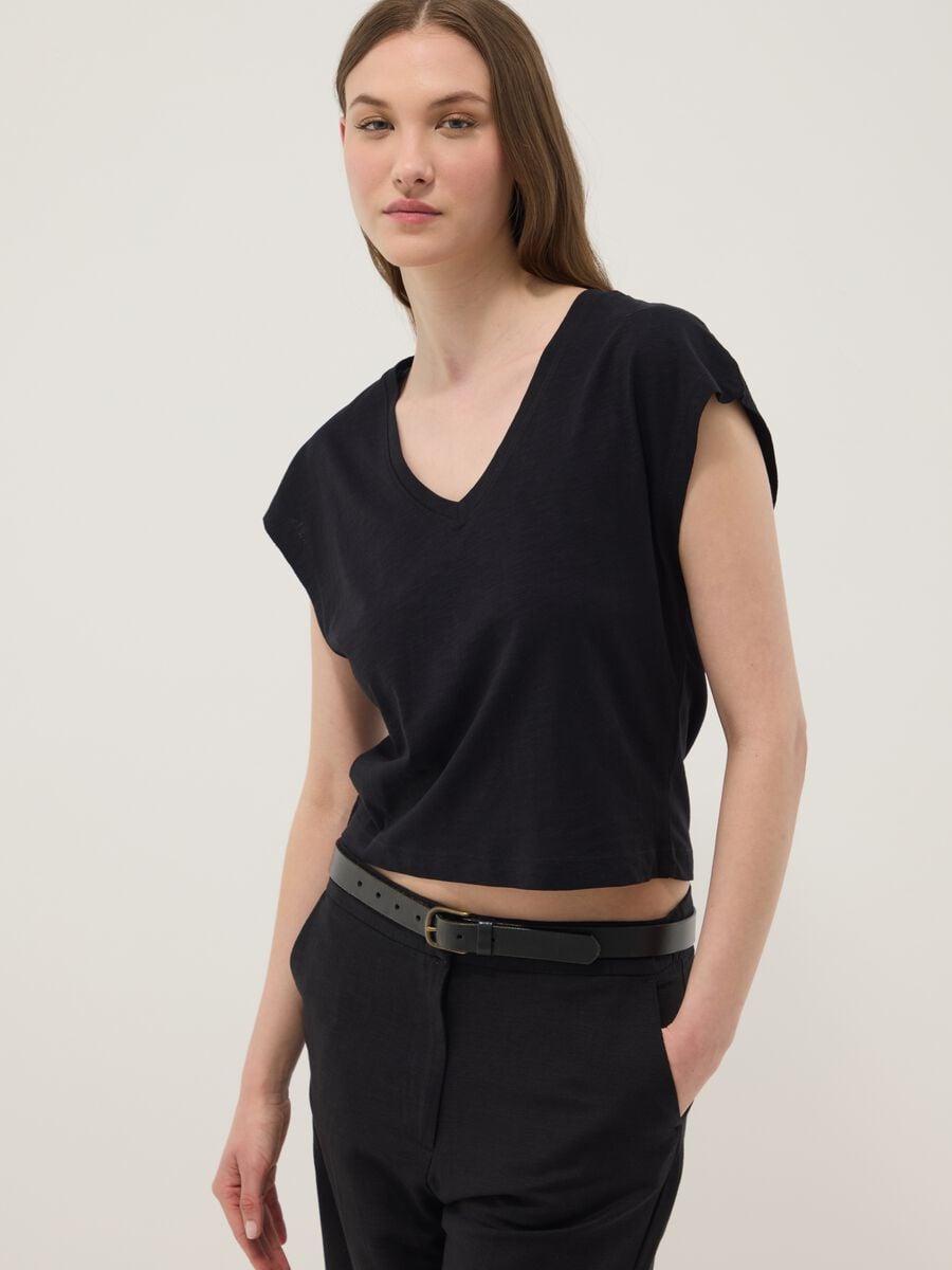 T-shirt blu in puro cotone con scollo a V regular fit_0