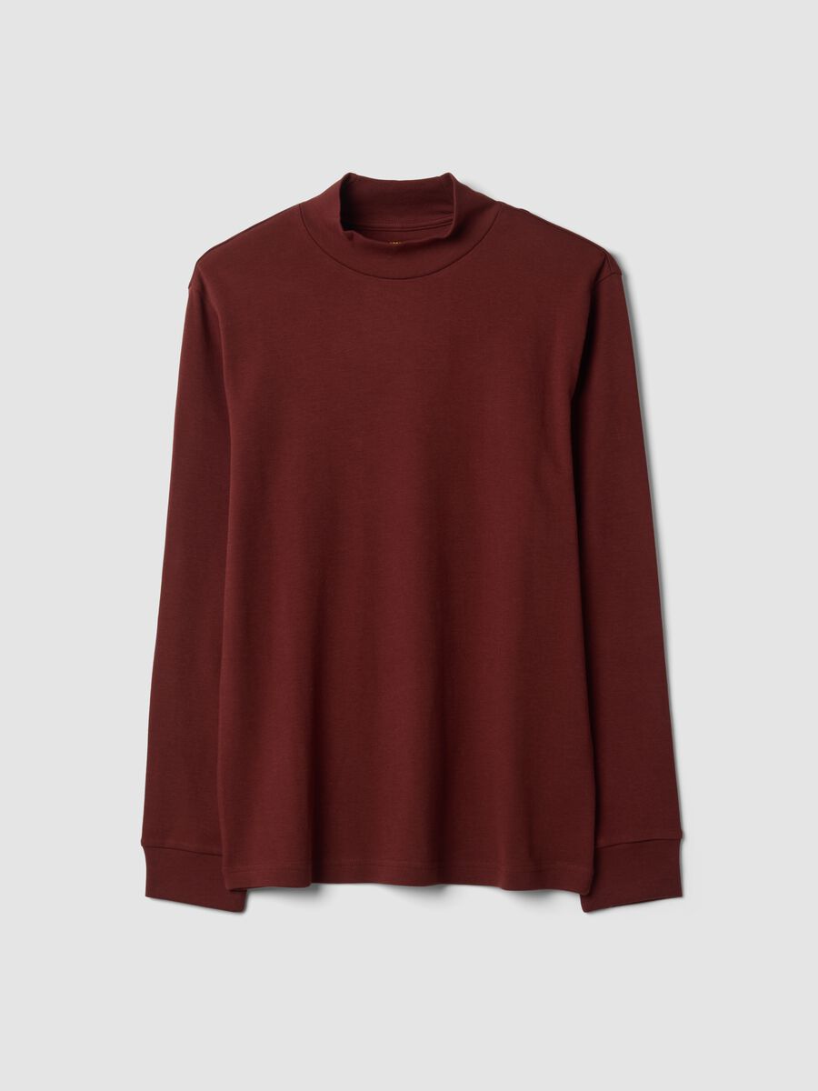 T-shirt marrone in puro cotone con collo rialzato strutturato_0