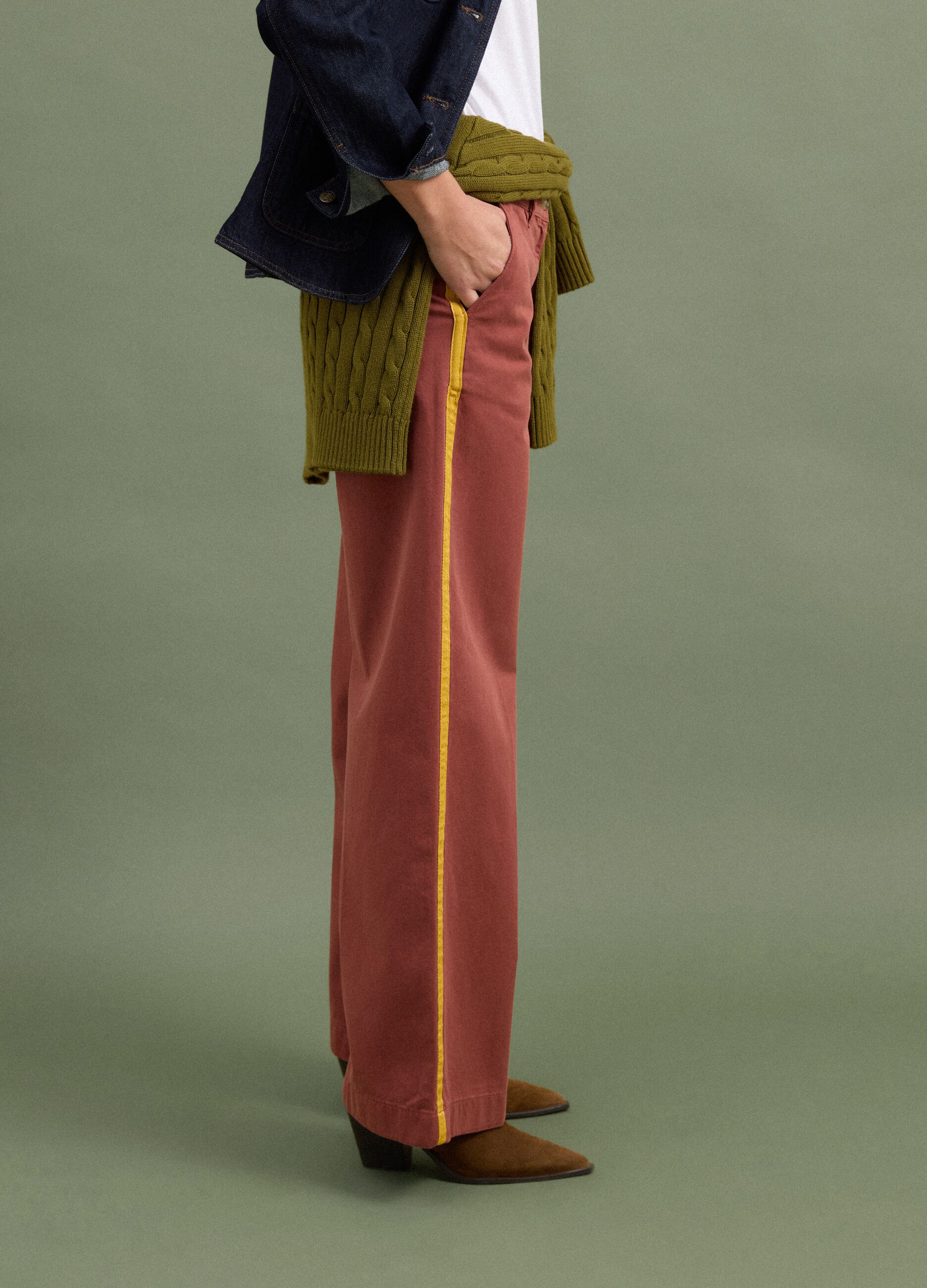 Red wide-leg cotton chino trousers with contrast side stripes