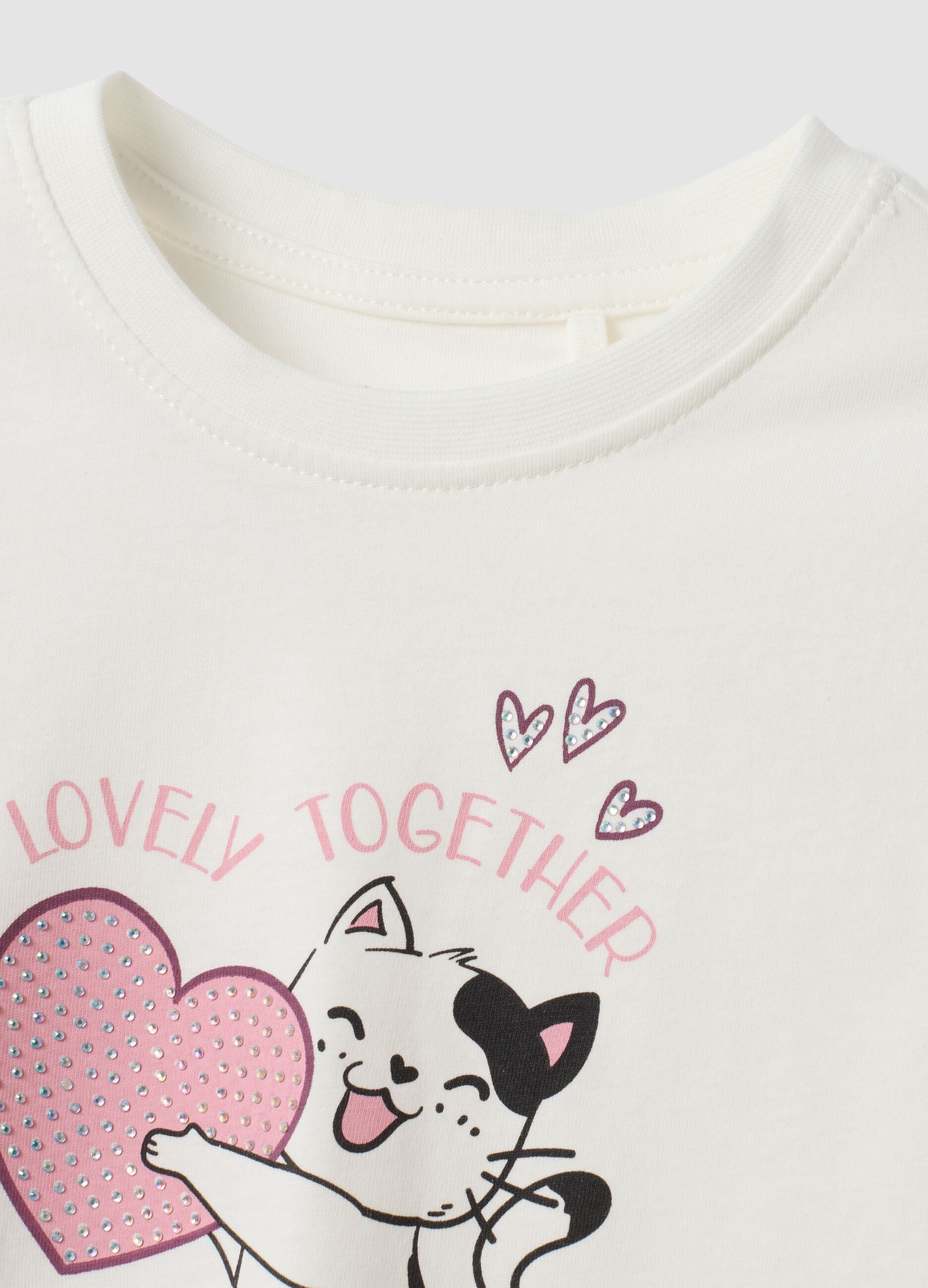 White and pink pure cotton jogging set with kitten print for girls