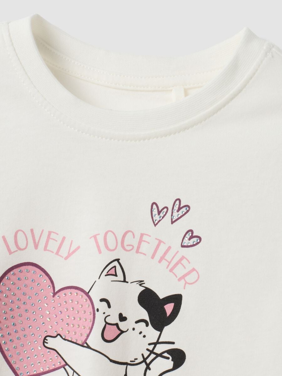 White and pink pure cotton jogging set with kitten print for girls_2