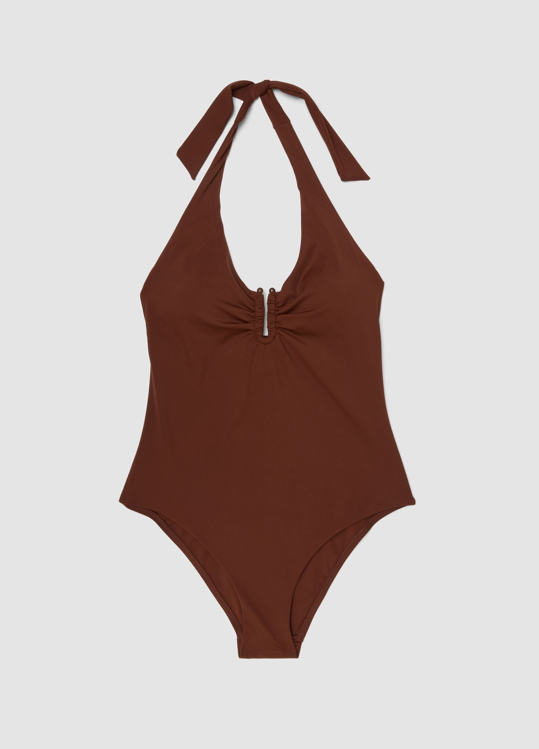 Costume intero marrone in tessuto elasticizzato con lacci al collo