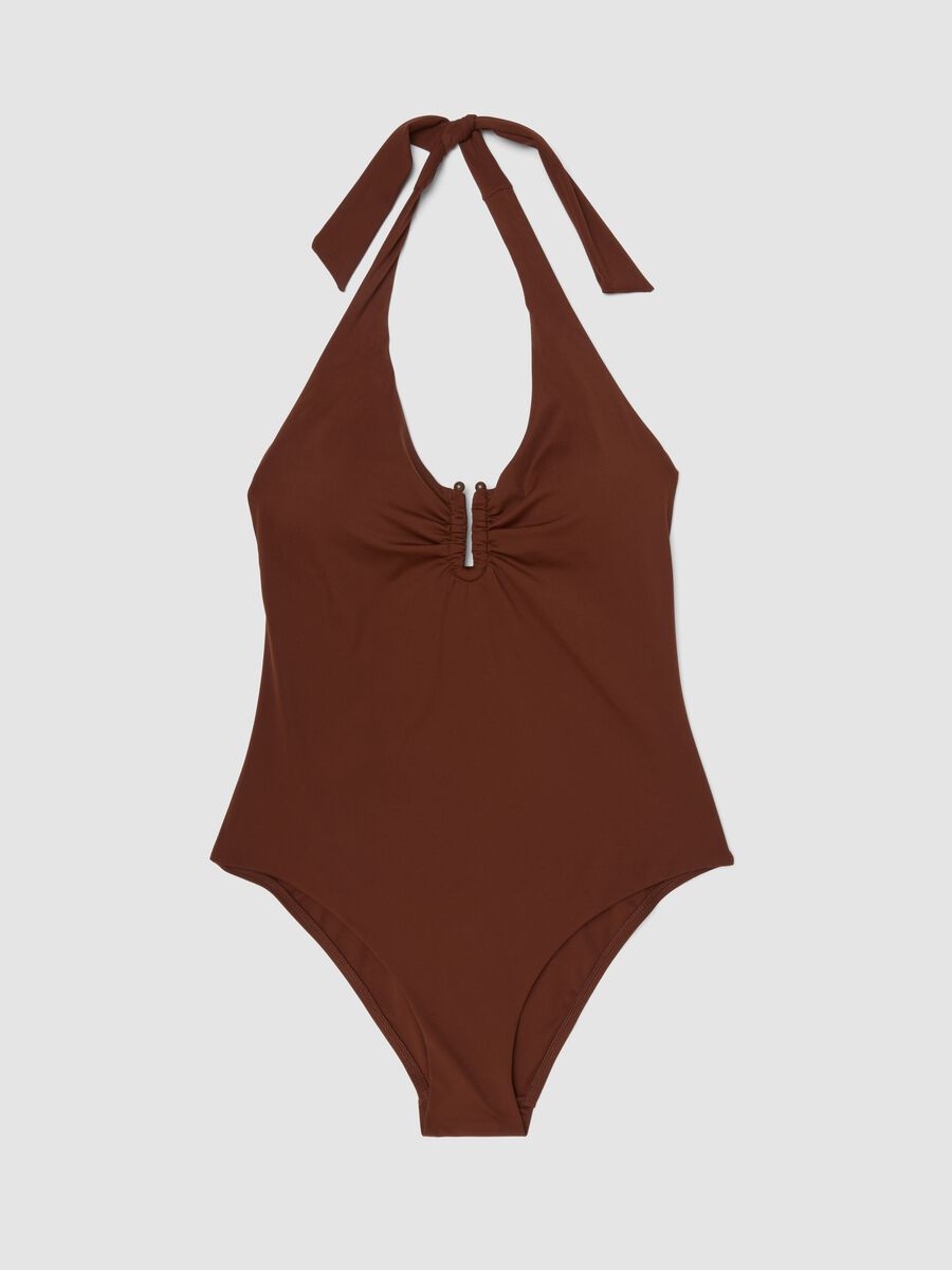 Costume intero marrone in tessuto elasticizzato con lacci al collo_4