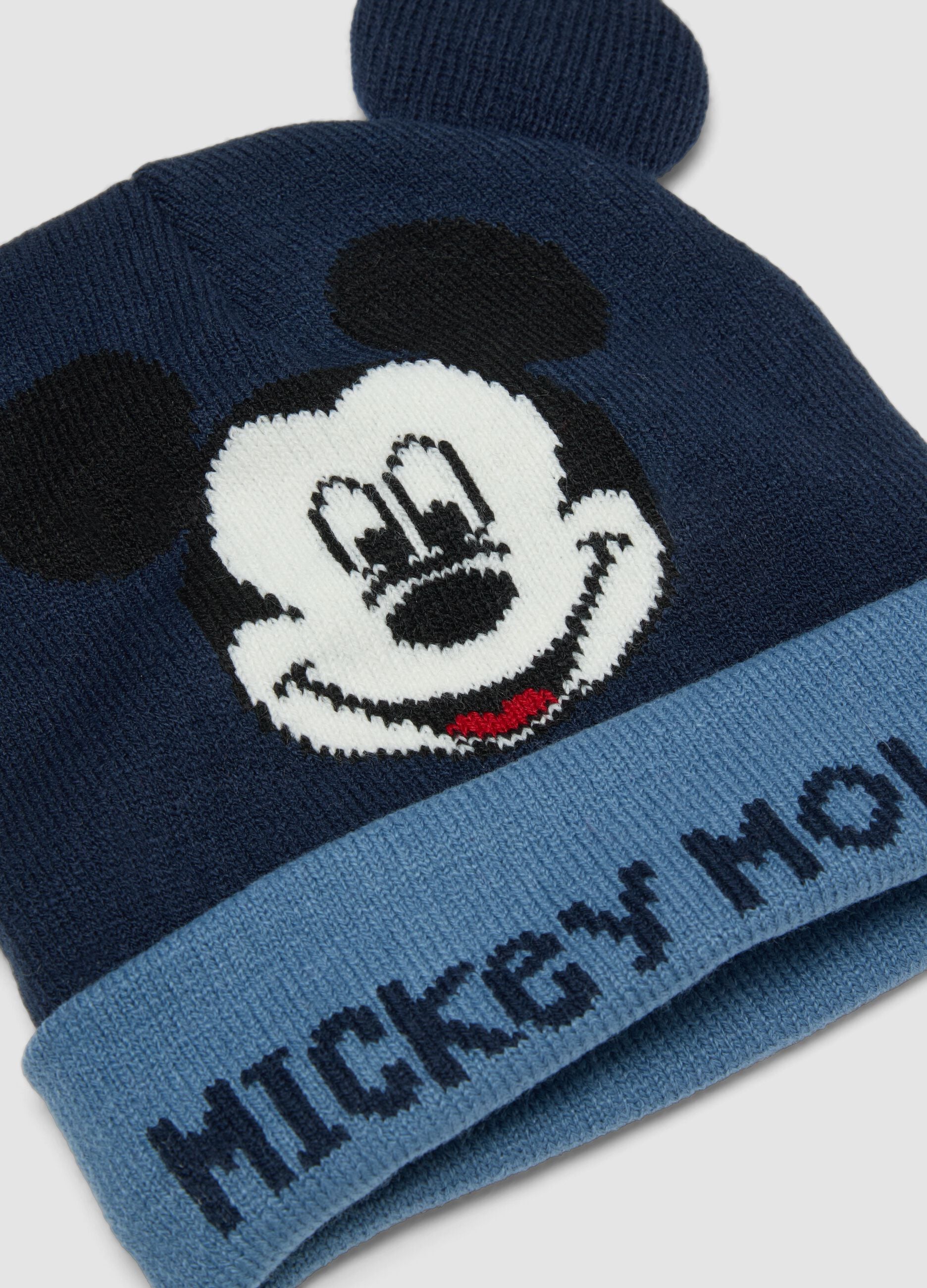 Navy blue beanie with turn-up, appliqu&eacute; ears and Mickey print