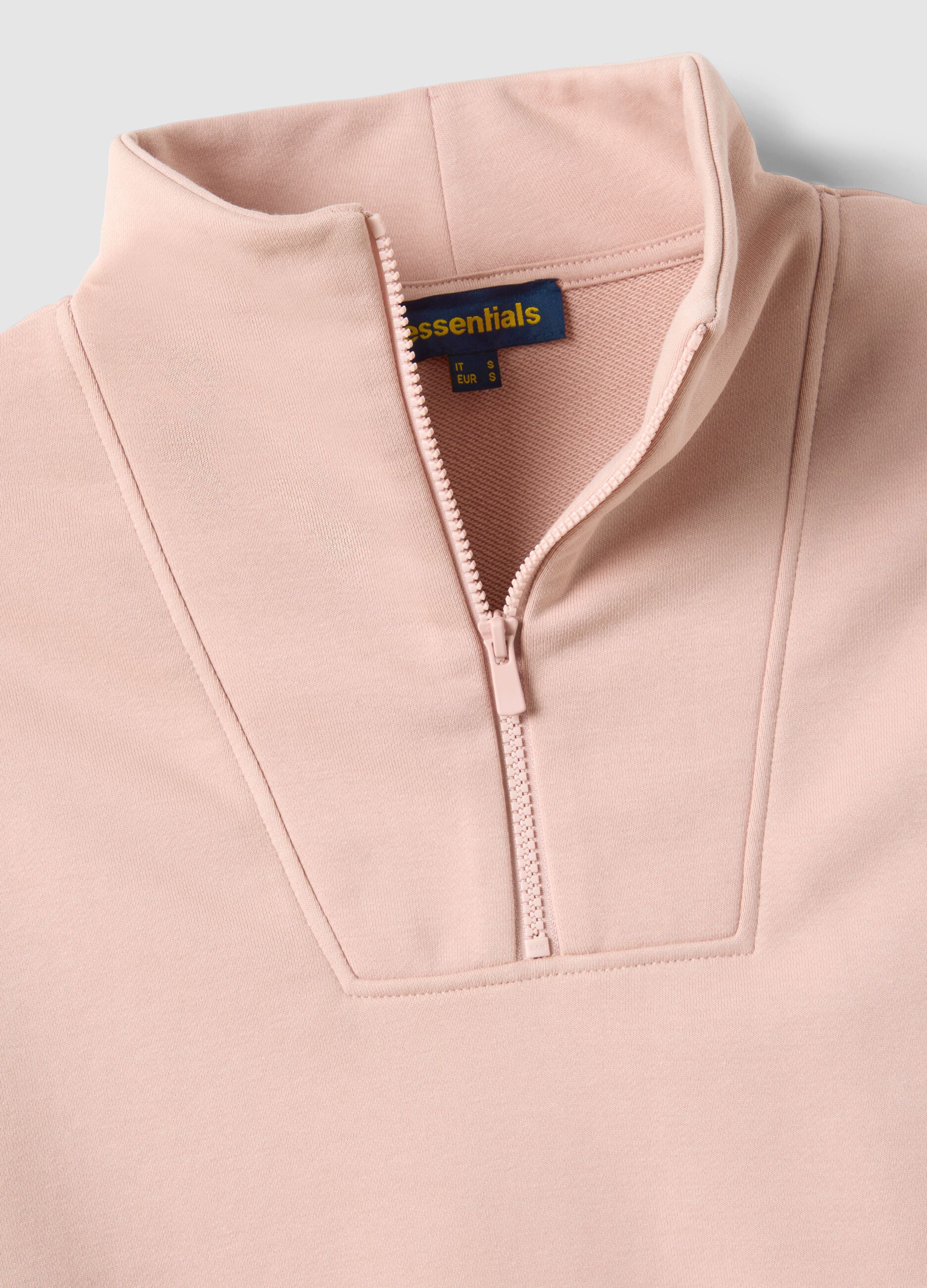 Felpa in misto cotone rosa regular fit con mezza zip e collo alto