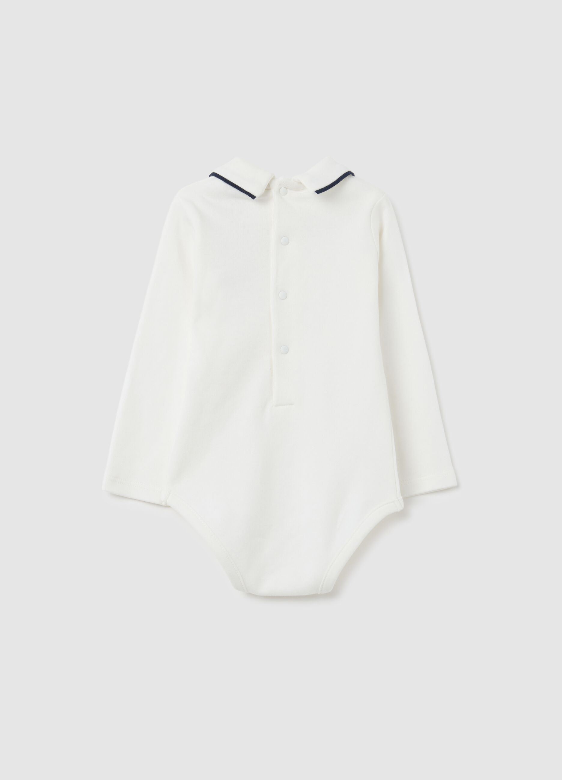 Unisex bodysuit for babies in pure white cotton with collar