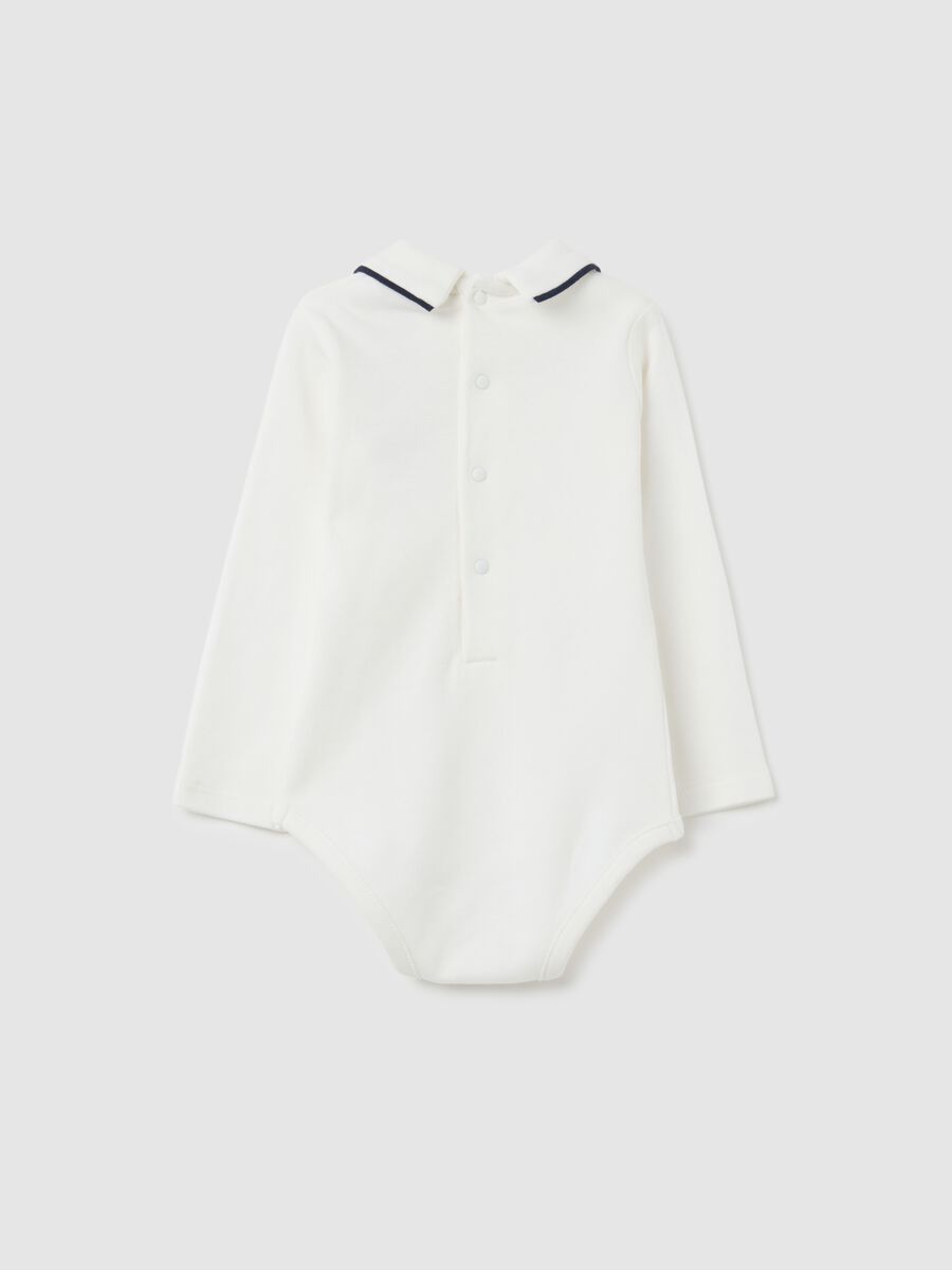 Unisex bodysuit for babies in pure white cotton with collar_1