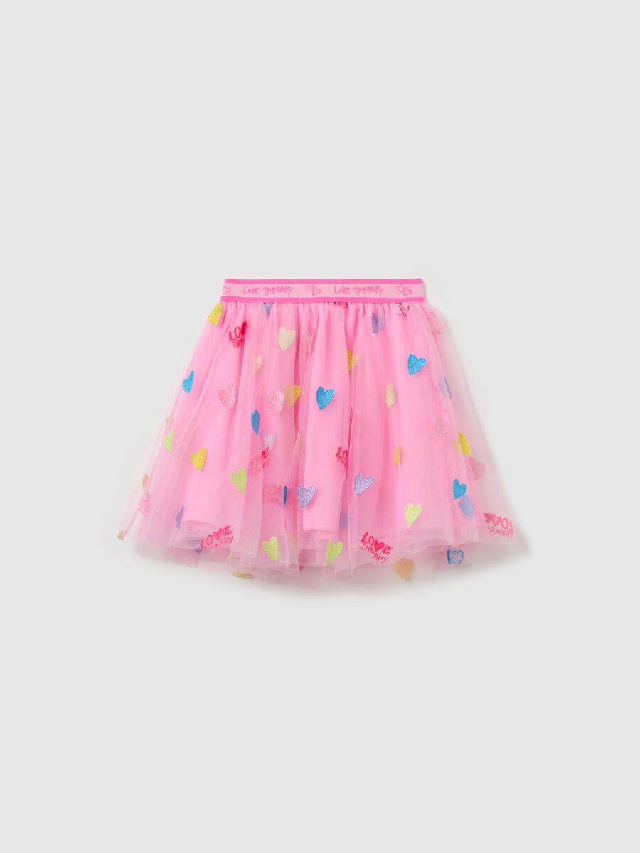 Gonna in tulle con ricamo cuori multicolore_0
