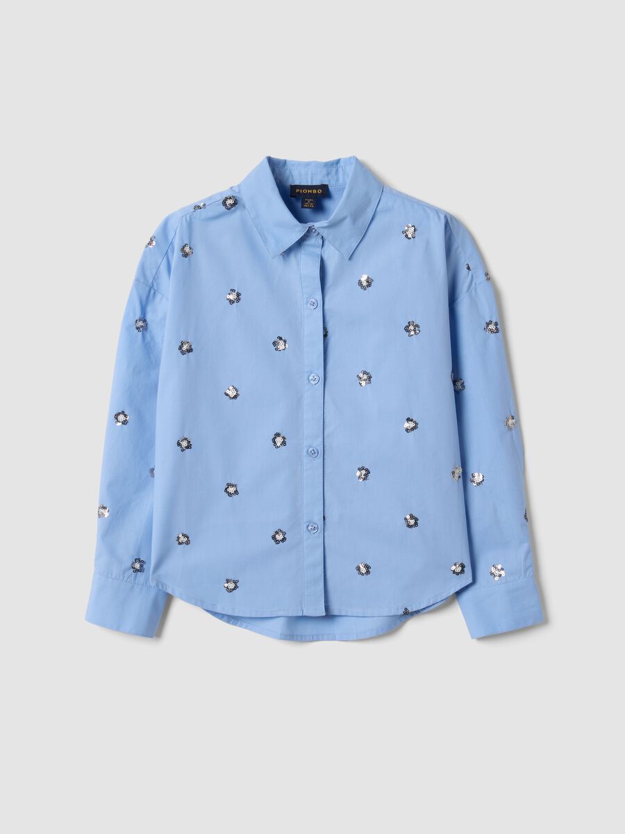 Camicia over azzurra in puro cotone con paillettes a fiore_0