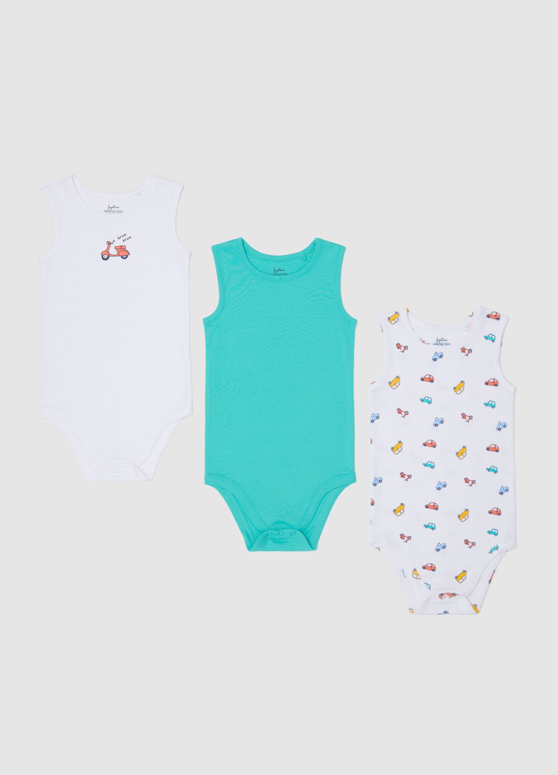 Three-pack sleeveless bodysuits with print