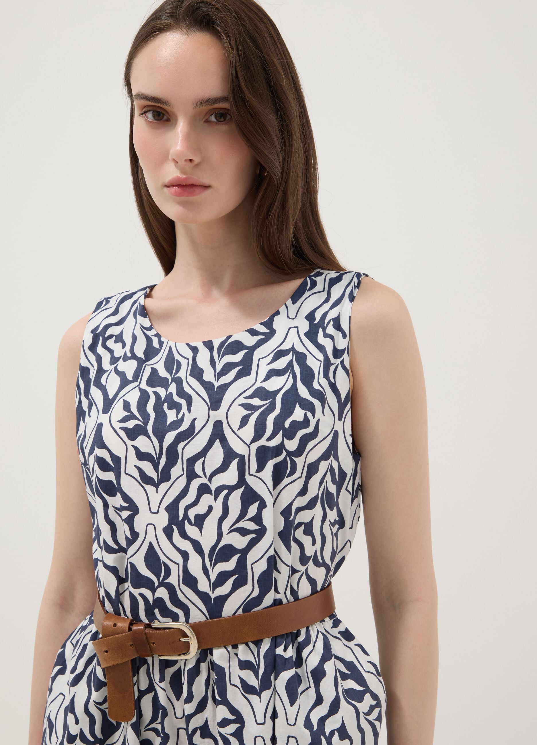 Blue stretch cotton midi dress with all-over print, regular fit