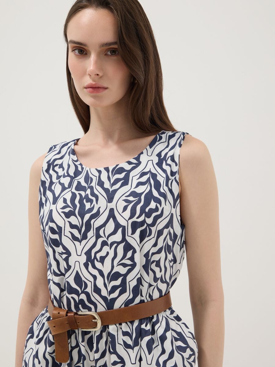 Blue stretch cotton midi dress with all-over print, regular fit_2
