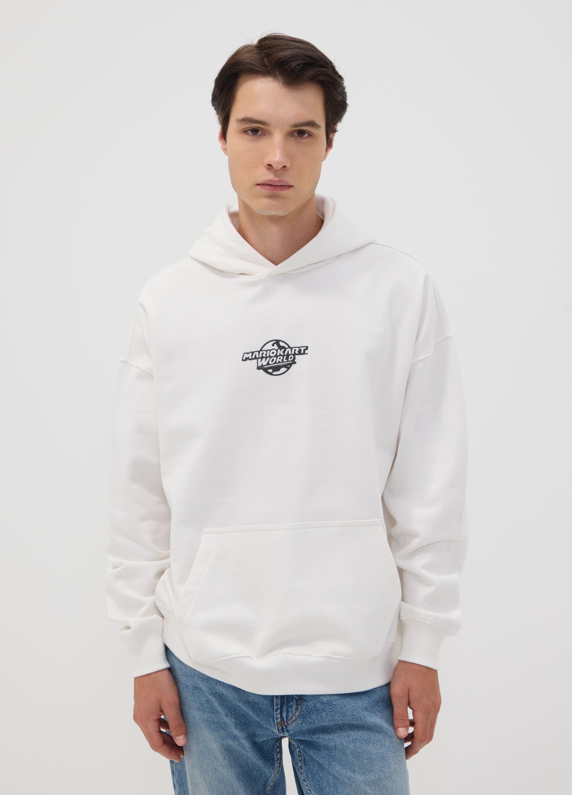 White pure cotton hoodie with Mario Kart print