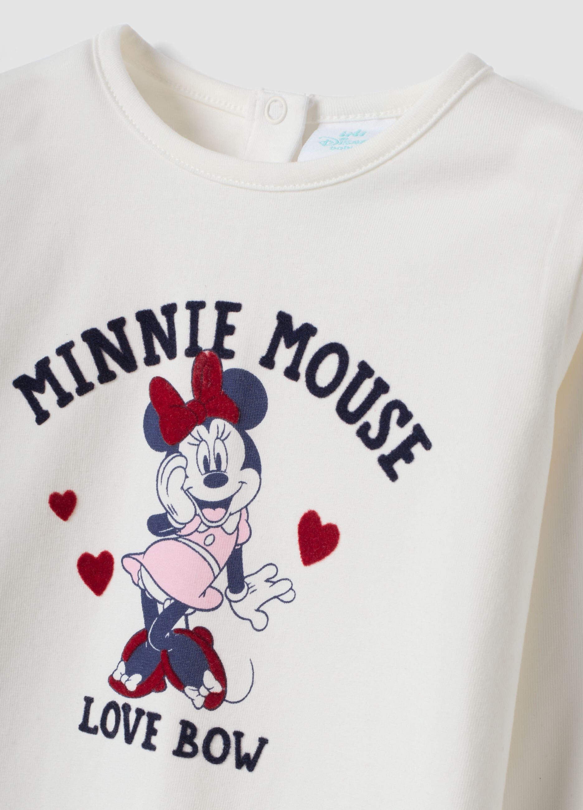 Maglia bianca in cotone organico elasticizzato con stampa Minnie