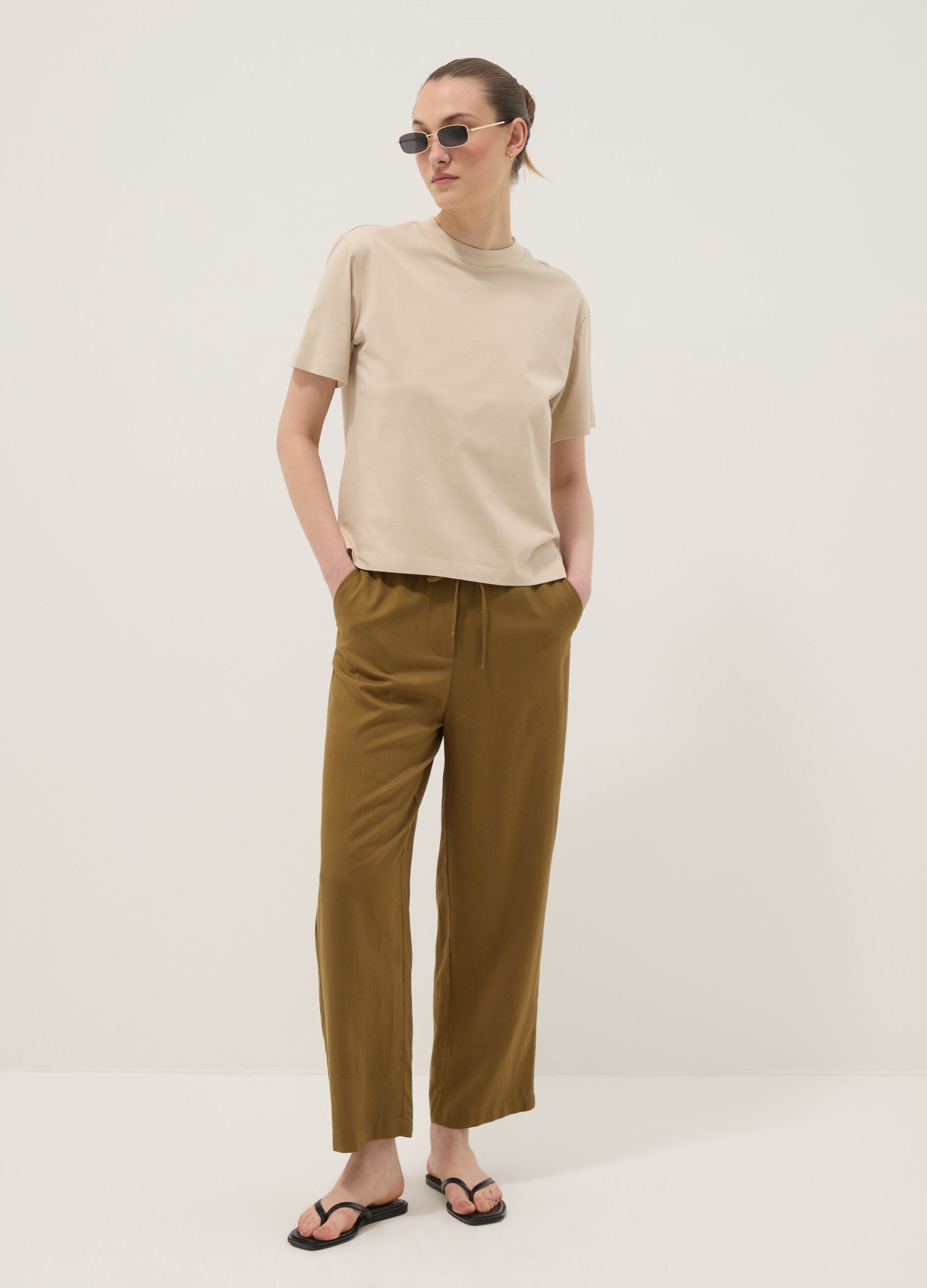 Beige pure cotton regular fit T-shirt