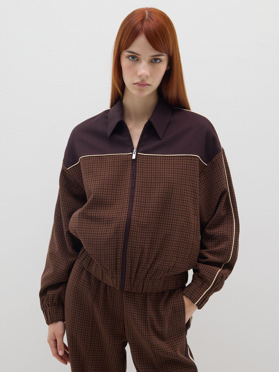 Brown Check Jacket with Zip_0
