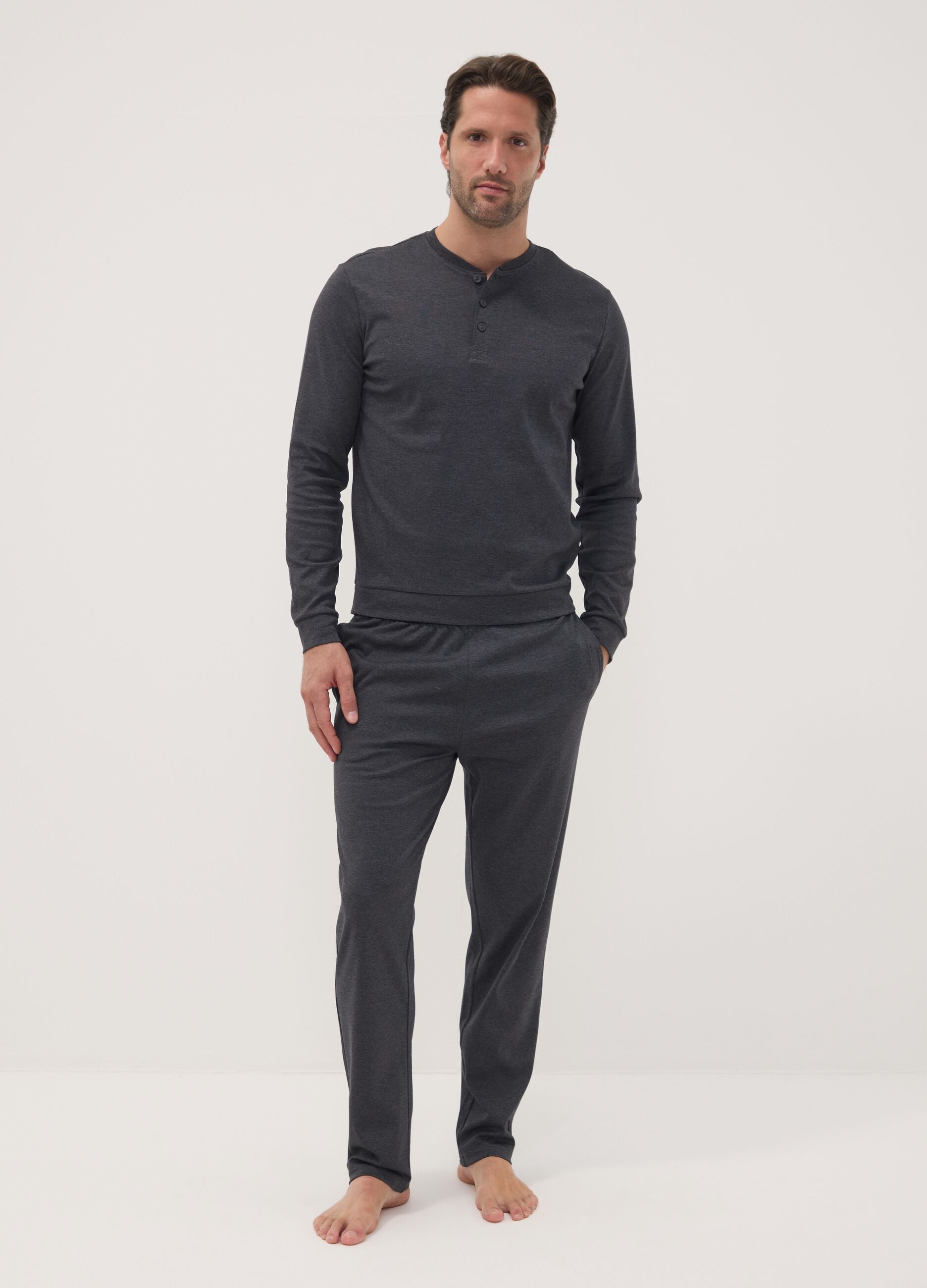 Grey organic cotton pyjamas with Henley neckline