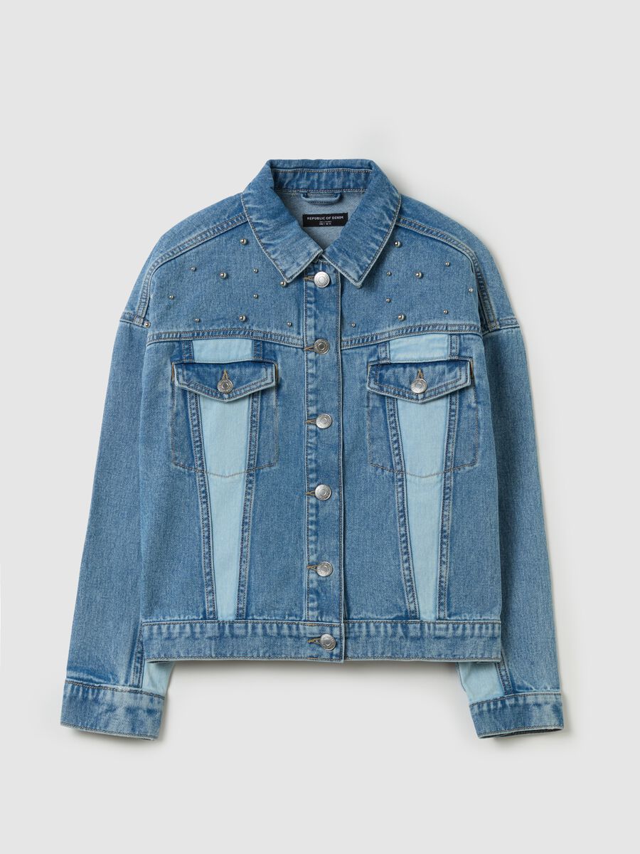 Giacca in denim doppio lavaggio con perle _3