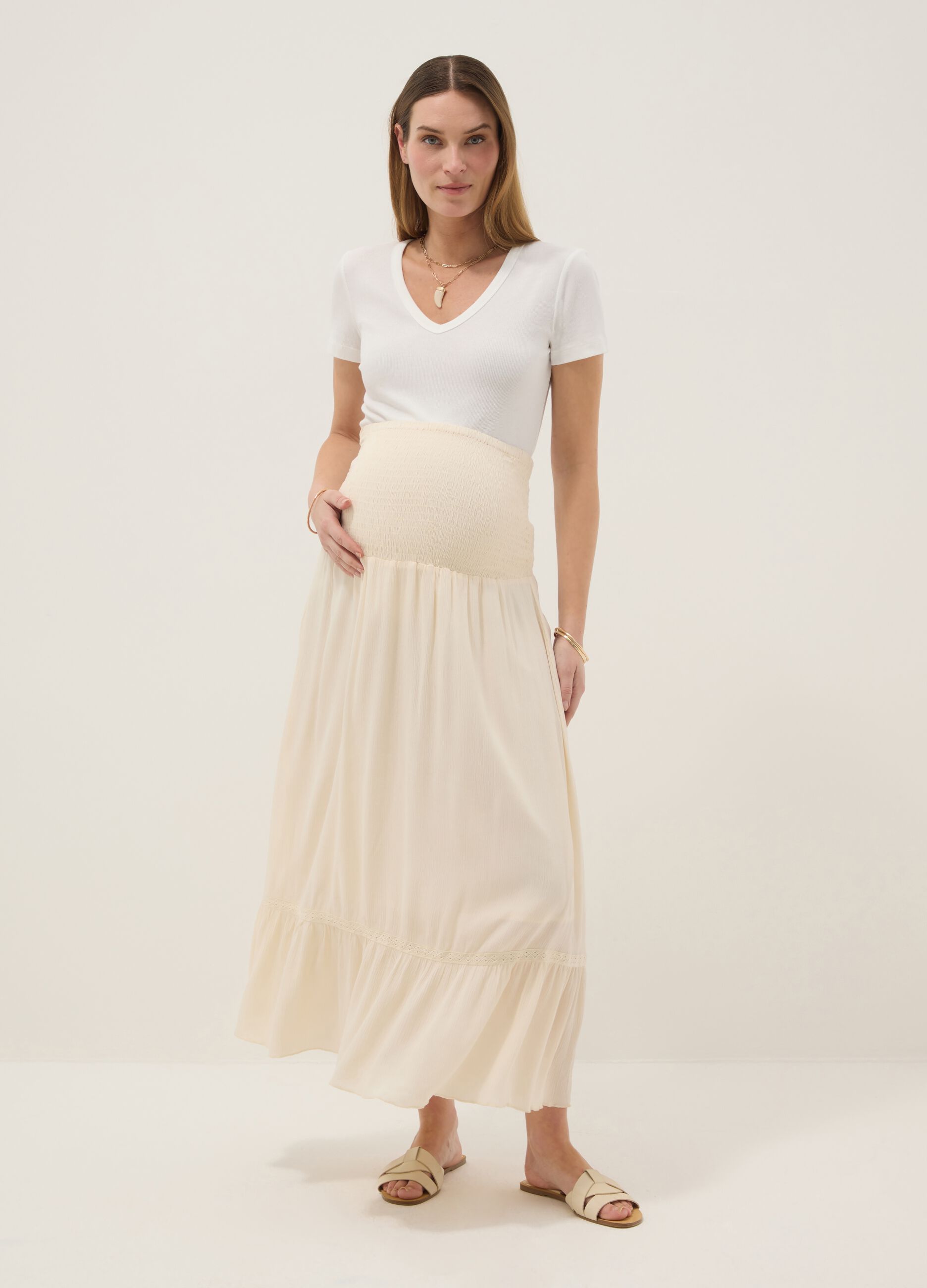 Beige maternity long skirt in pure viscose