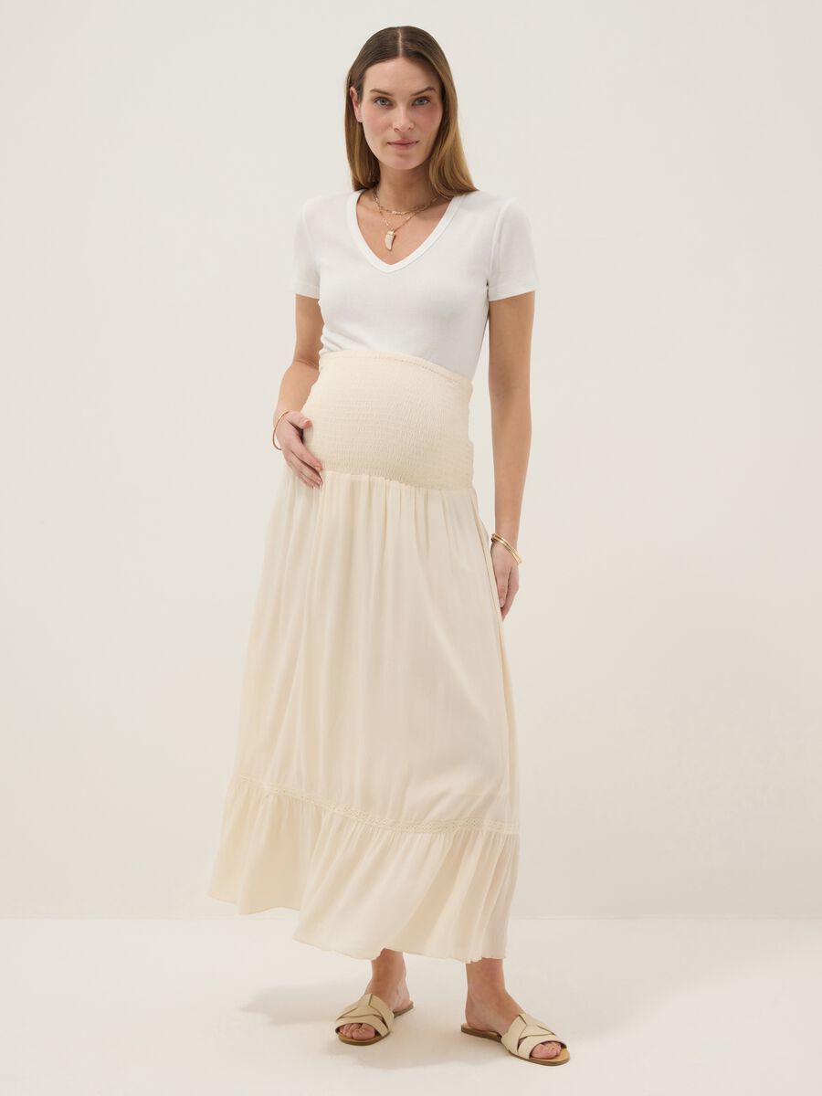 Gonna lunga premaman in pura viscosa beige con elastico alto_0