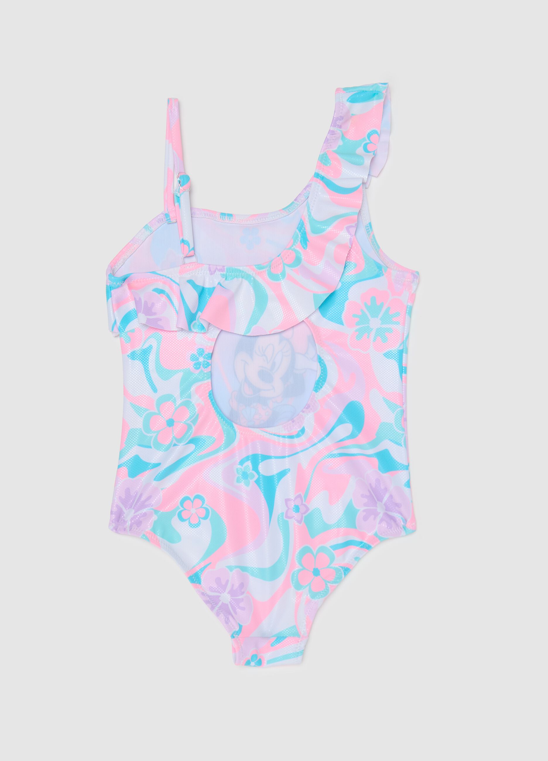 Girls’ one-piece swimsuit in multicoloured stretch fabric with Minnie Mouse print