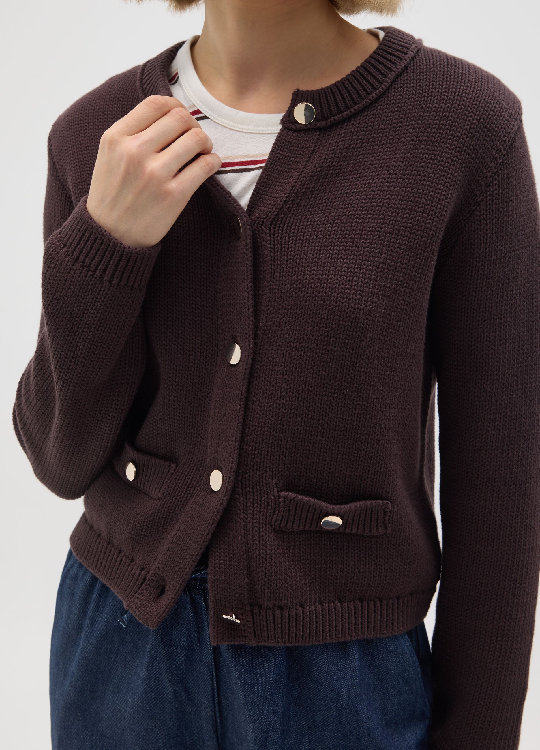 Brown pure cotton regular fit cardigan with buttons
