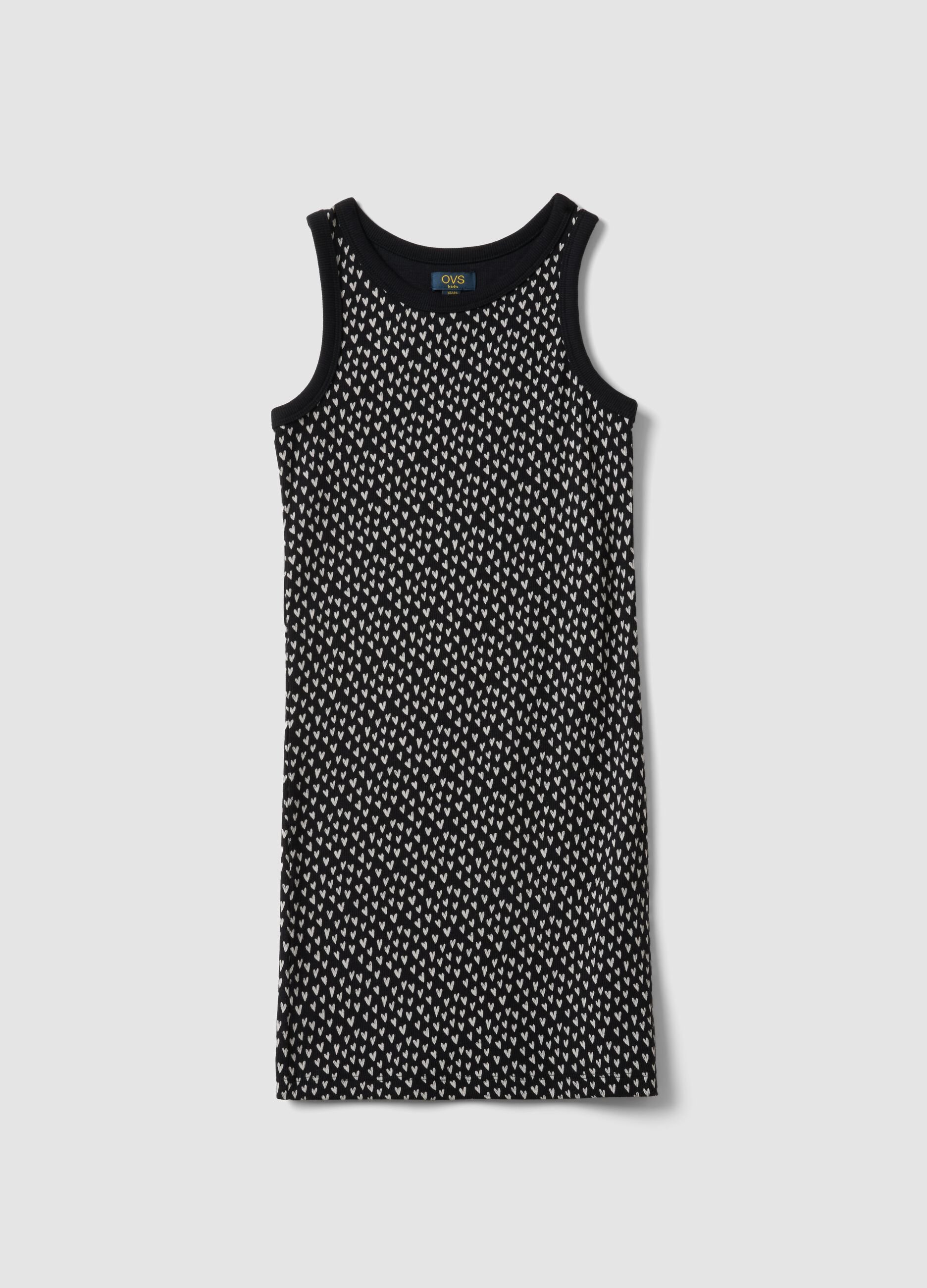 Girls&rsquo; black fitted stretch cotton dress with hearts