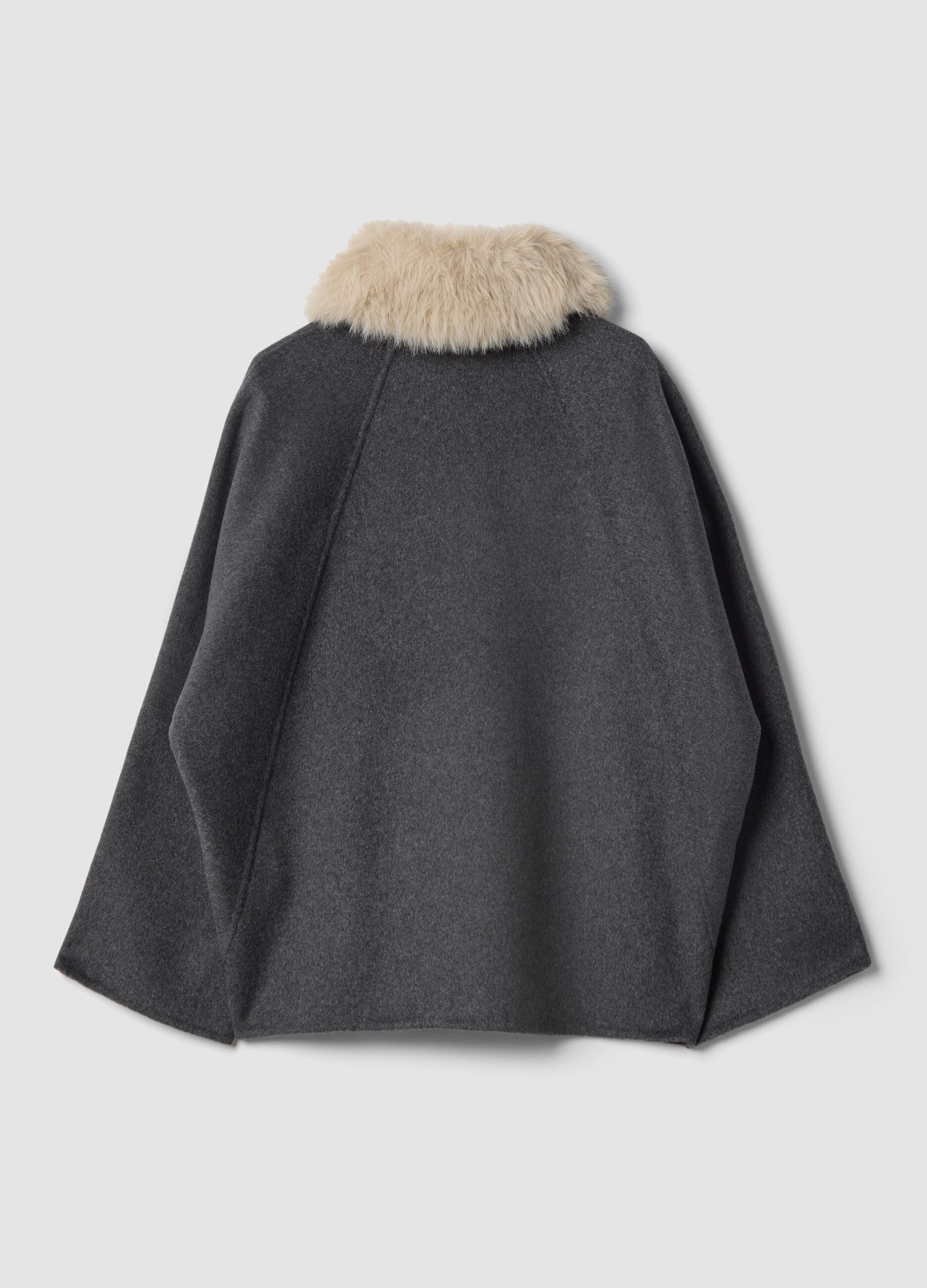 Grey wool and viscose-blend shacket with faux-fur collar