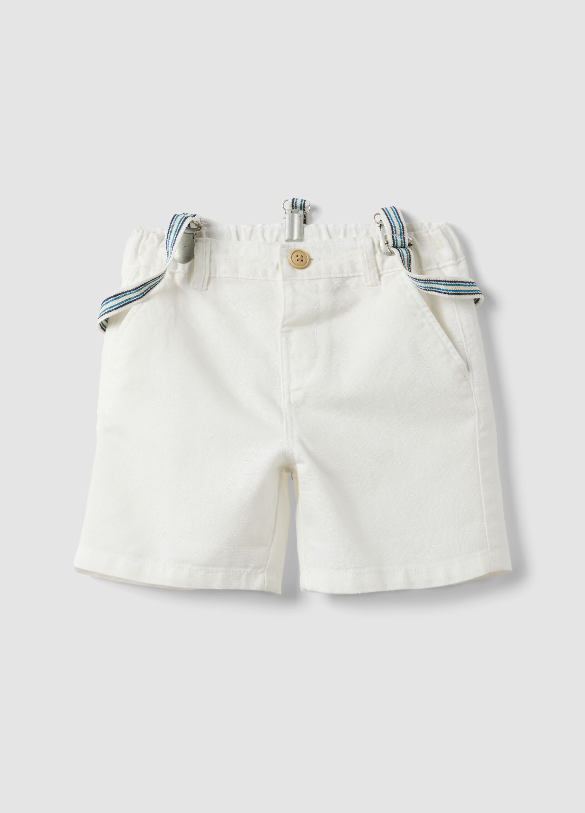 White cotton-linen blend boys&rsquo; shorts, regular fit, with braces