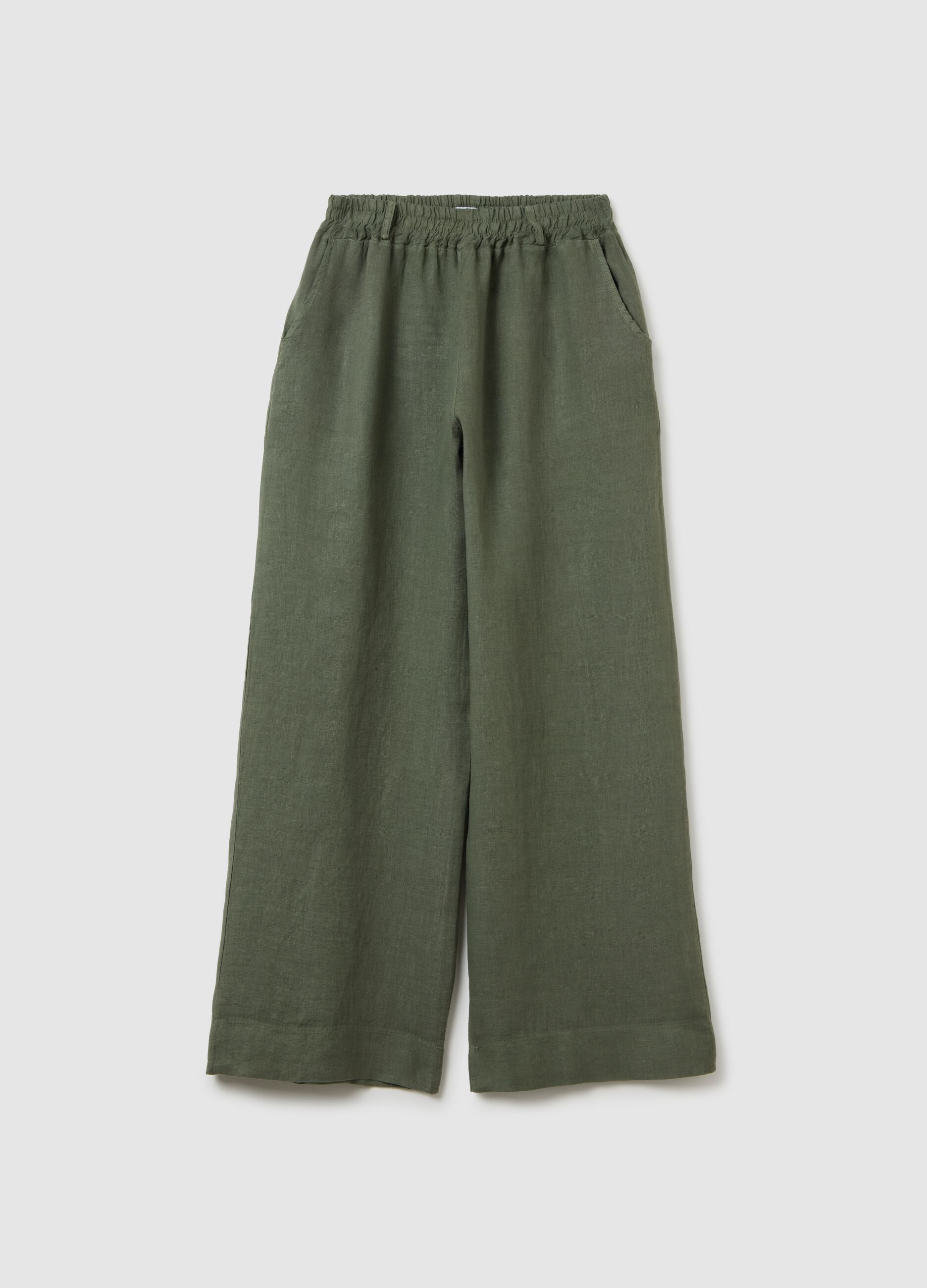 Pantaloni da donna in puro lino verde regular fit