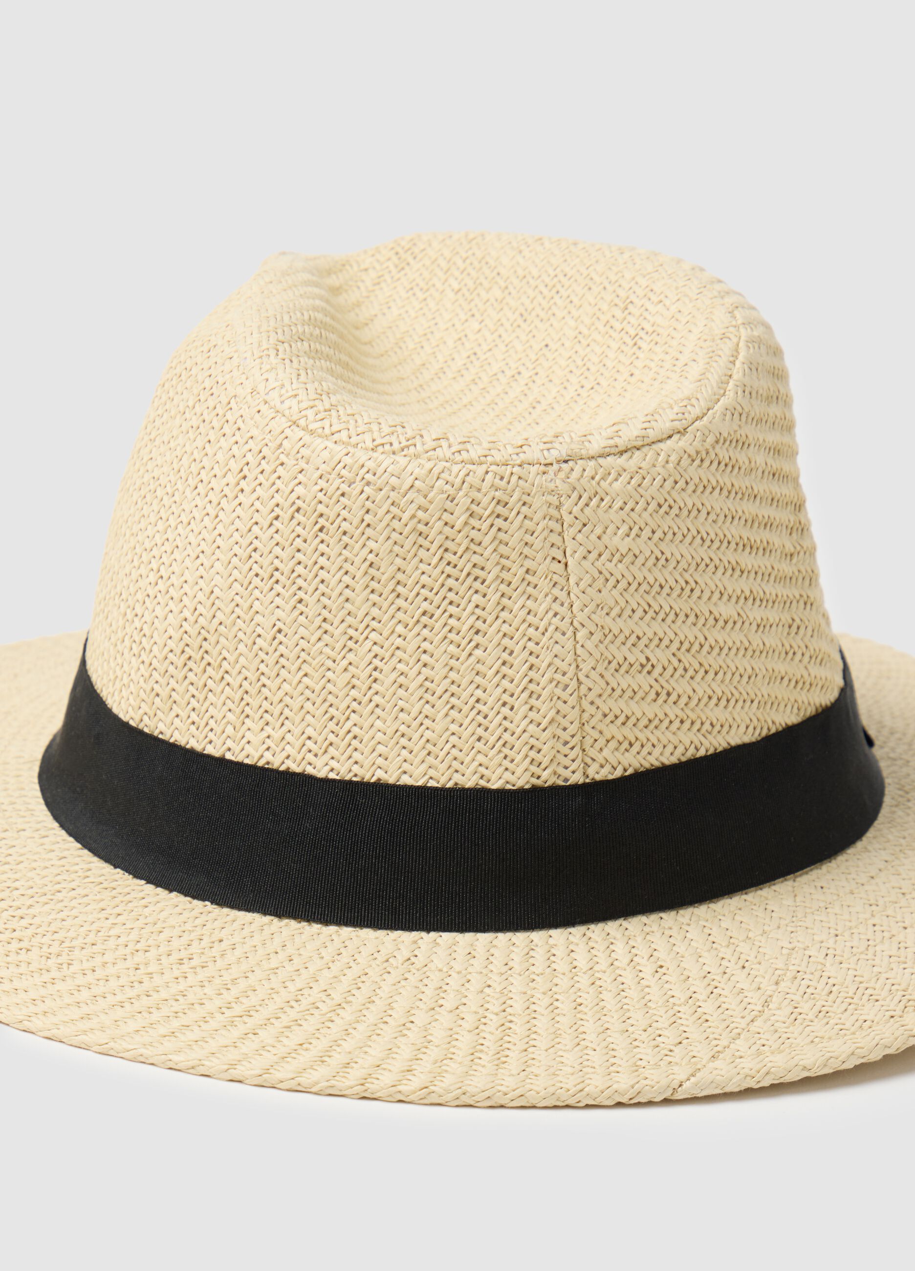 Men's hat in beige multicolour fabric with black band
