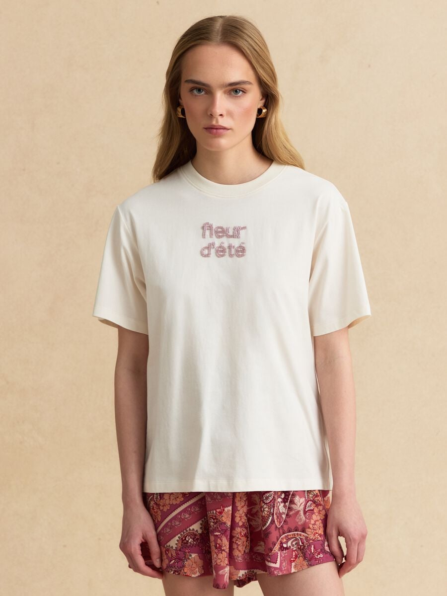 Beige pure cotton short-sleeve T-shirt_1