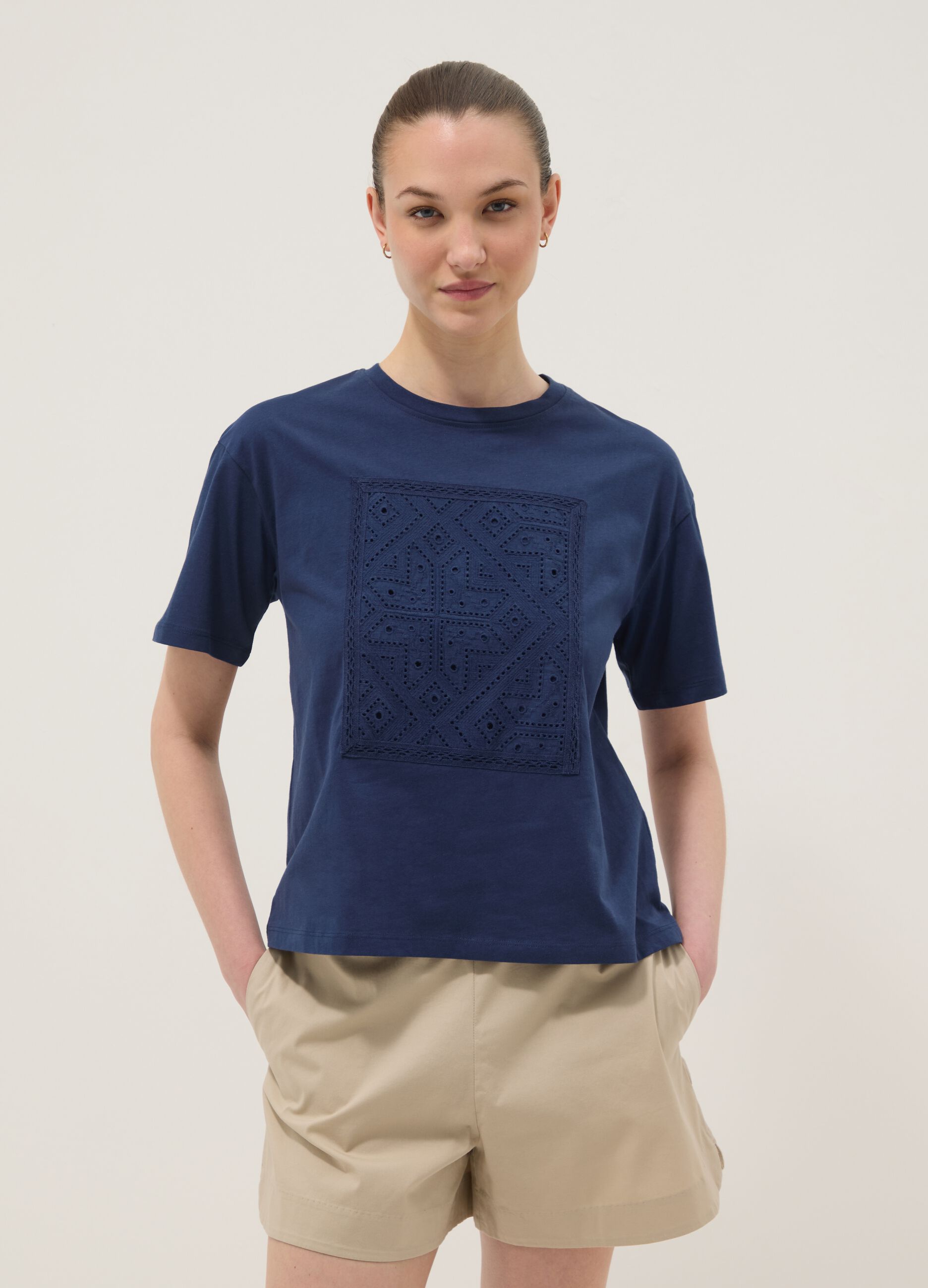 Blue regular-fit pure cotton T-shirt with perforated detail
