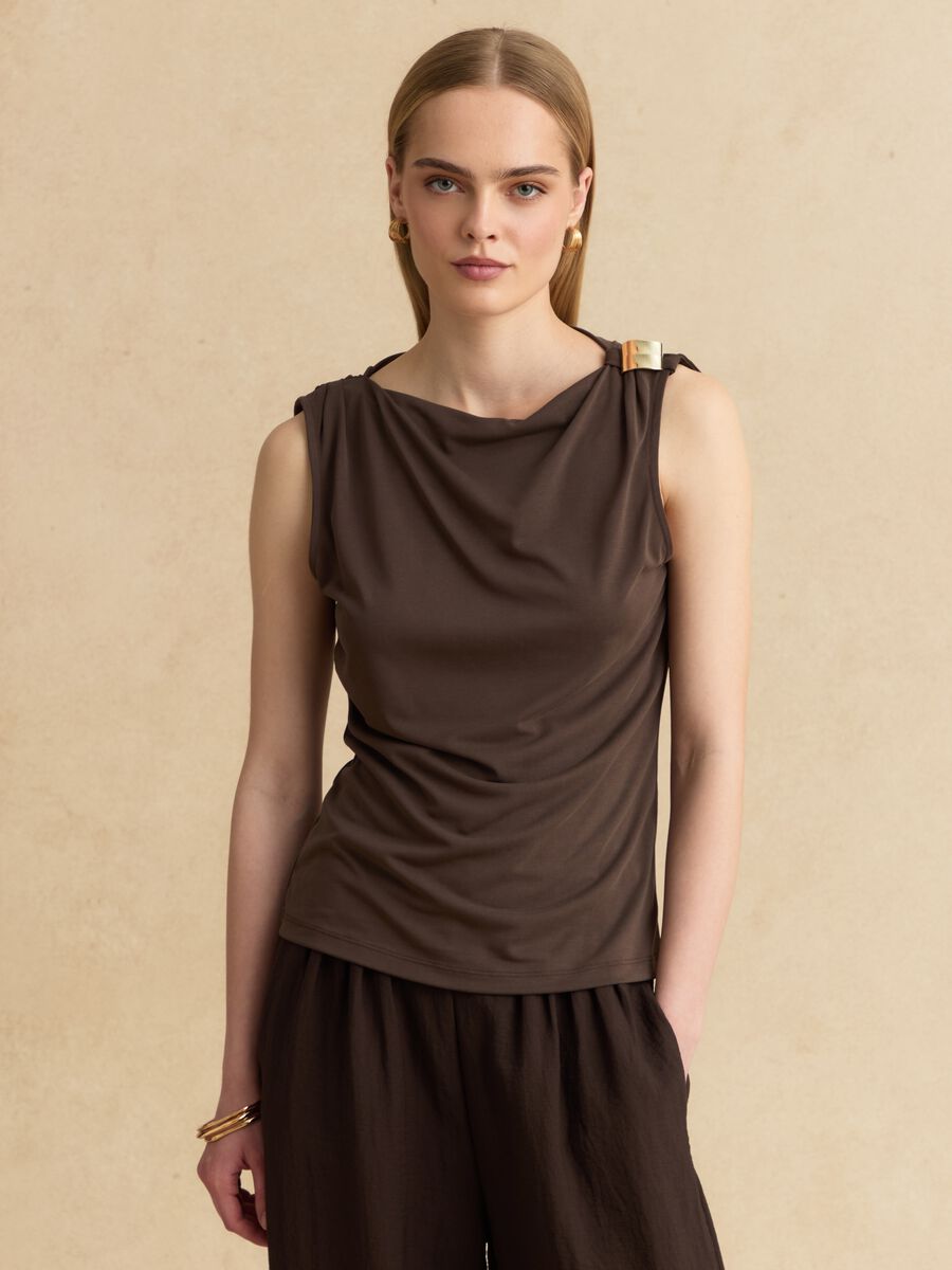 Brown sleeveless viscose-blend top with jewel detail_1