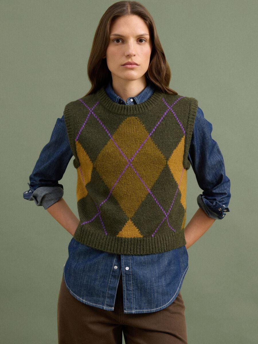 Green jacquard wool-blend crew-neck gilet, regular fit_0