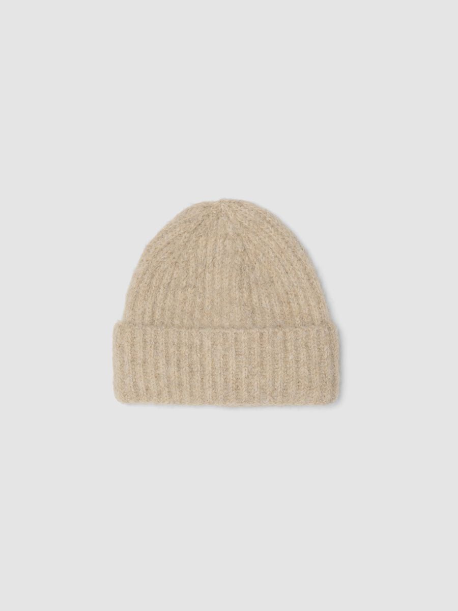 Beige ribbed stretch wool beanie_0